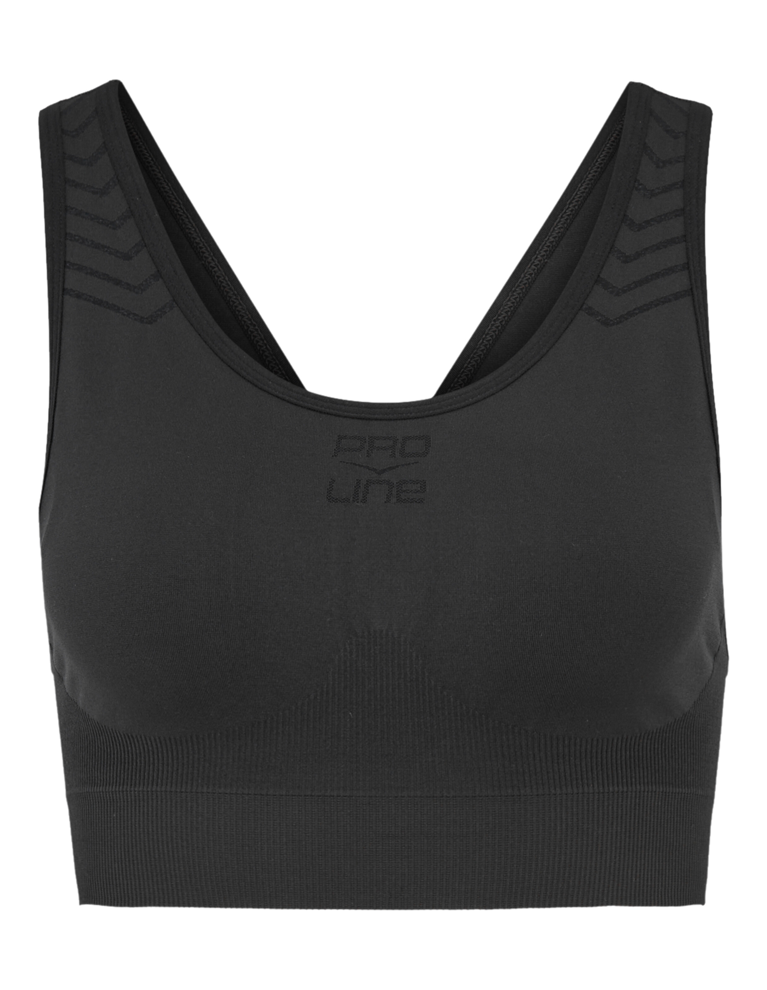 Schwarzer nahtloser Sport-BH mit geripptem Saum und Pro Line-Logo für lässige Aktivkleidung.