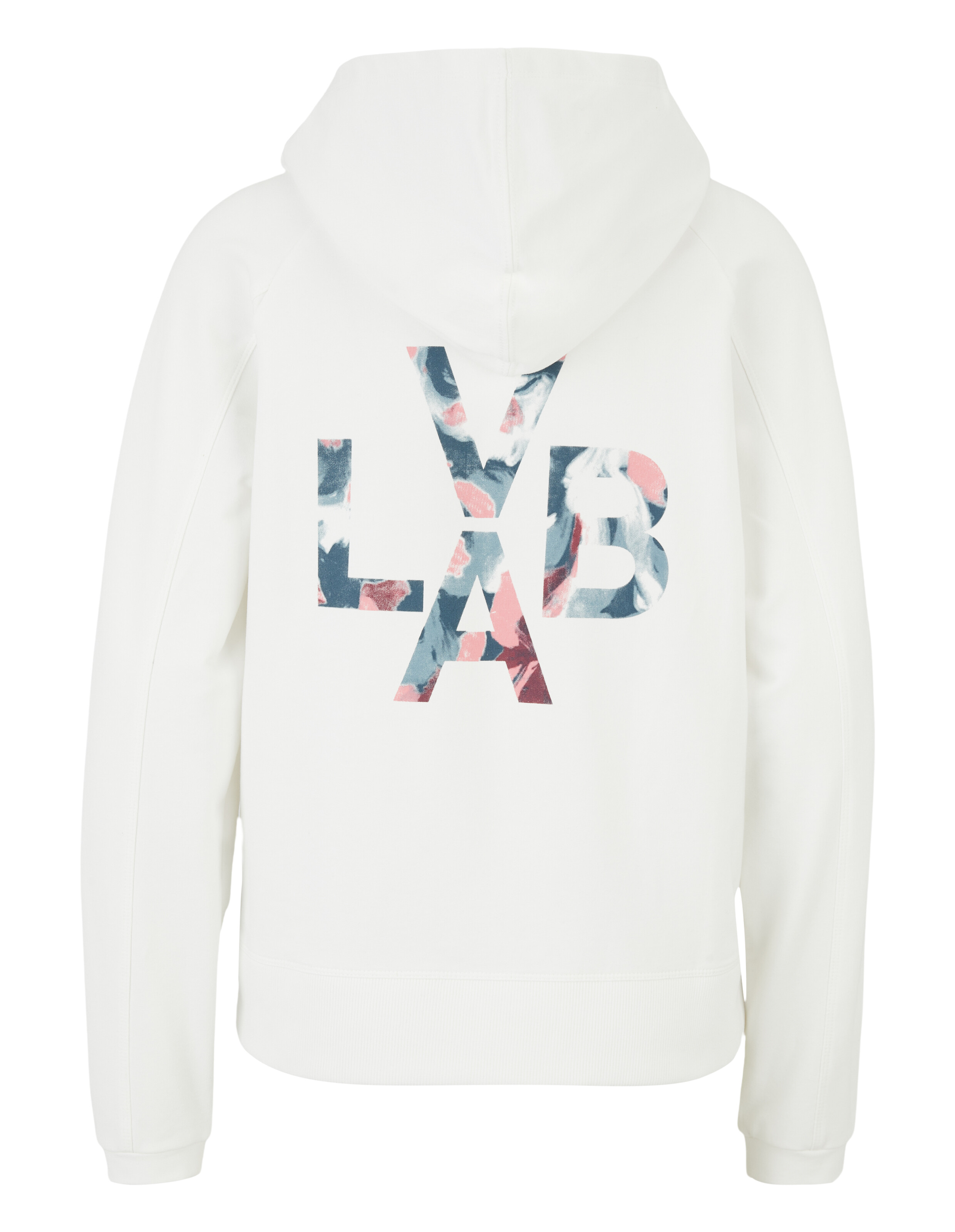 Weißer Kapuzenpullover mit floralem Grafiklogo auf der Rückseite, perfekt für Freizeitkleidung.