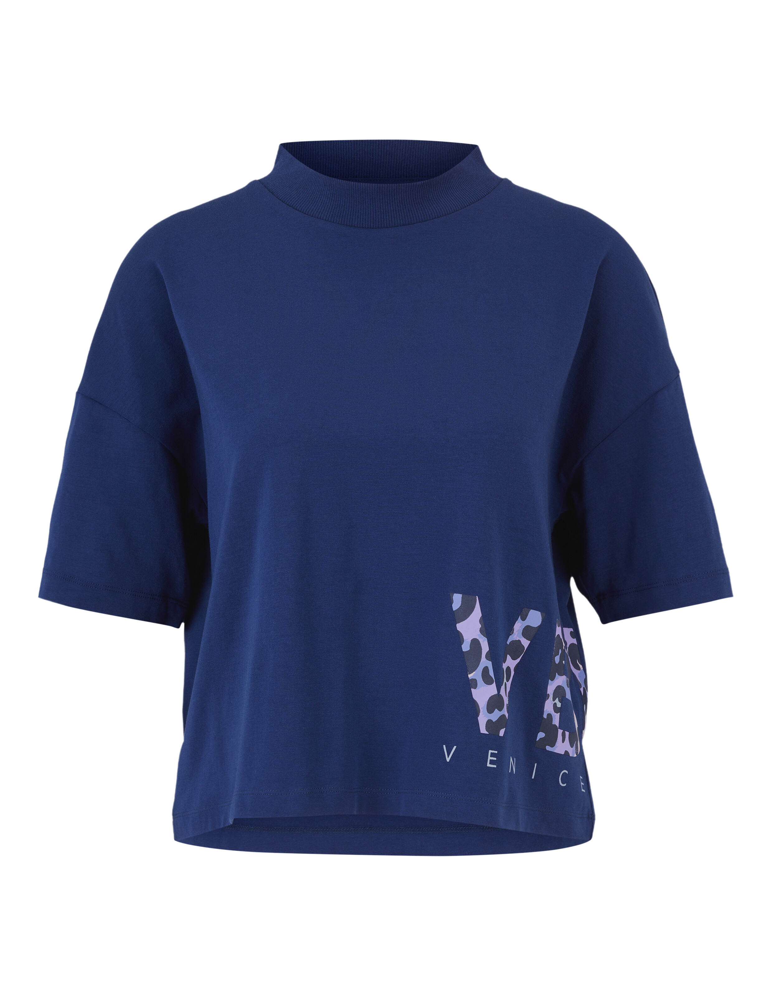 Marineblaues Freizeit-T-Shirt mit Stehkragen und Venedig-Logo im Leopardenmuster.