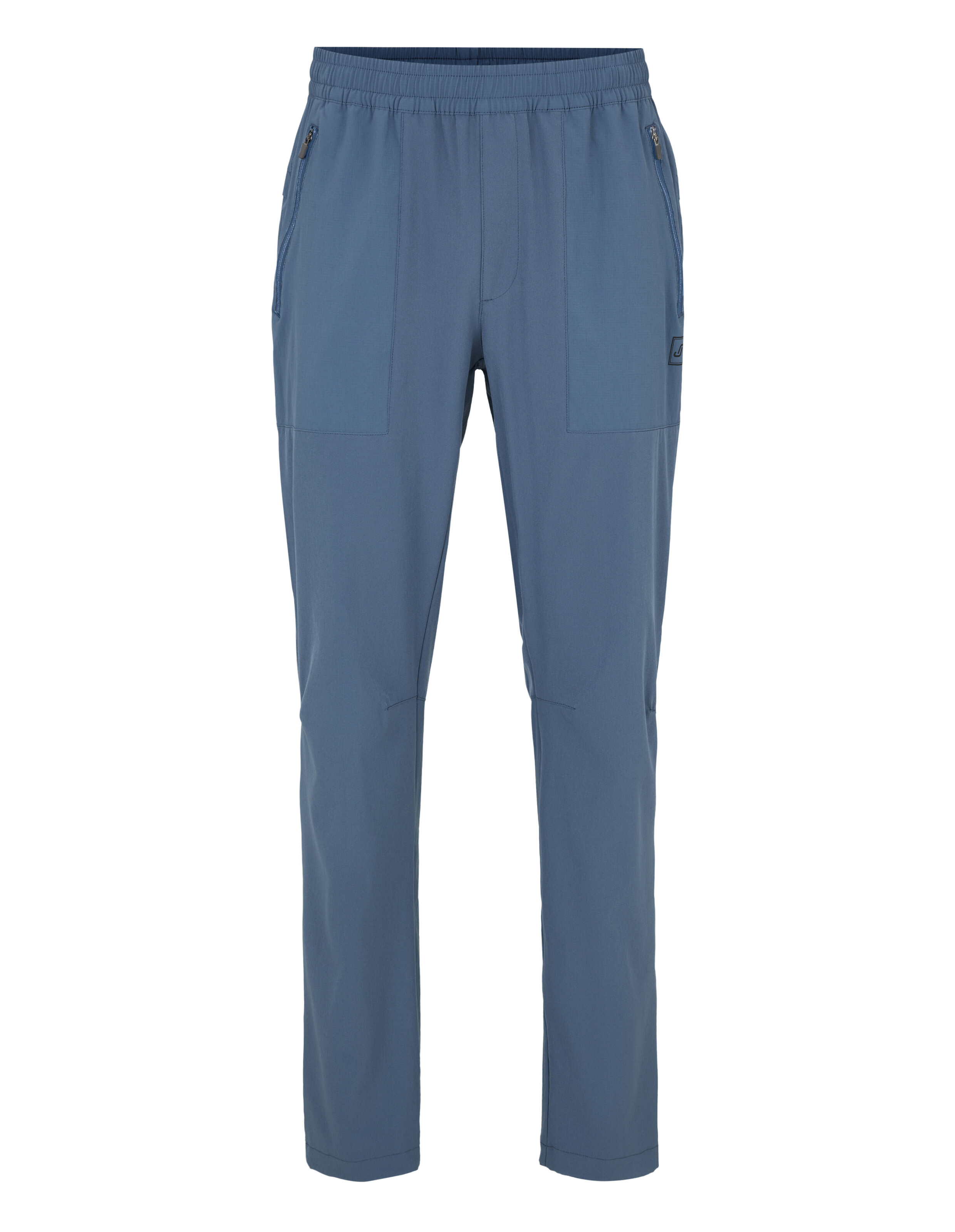 Bequeme blaue Freizeithose mit Reißverschlusstaschen, perfekt zum Faulenzen oder Reisen.