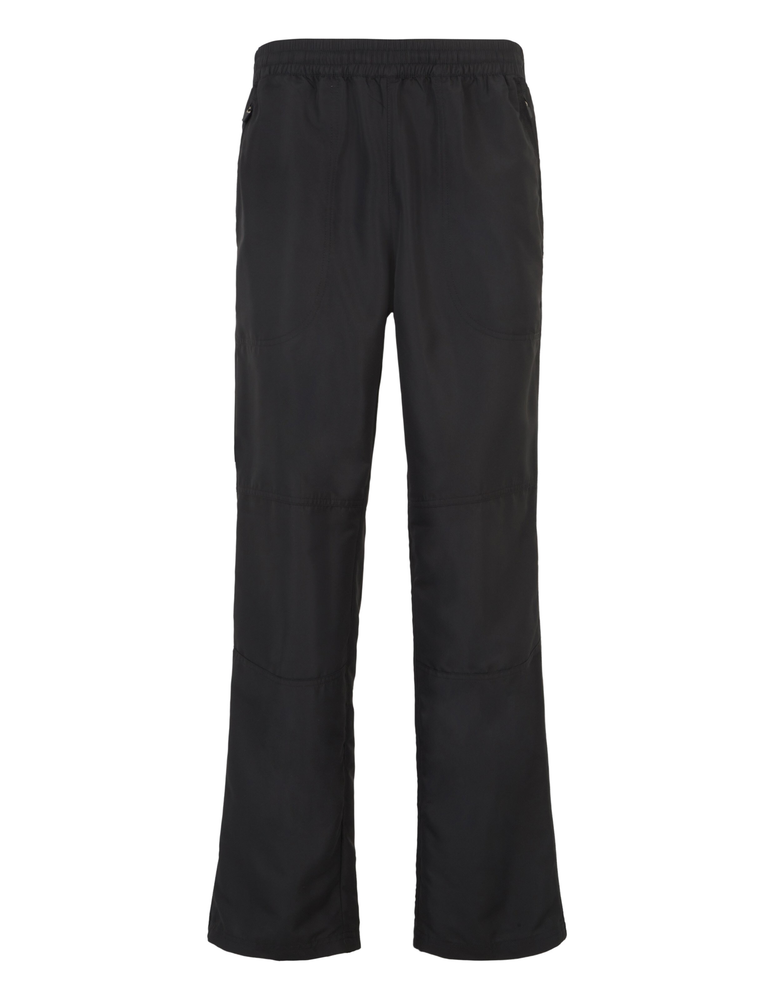 Schwarze, locker sitzende Hose mit elastischem Bund und seitlichen Taschen, ideal für Freizeit oder Sport.