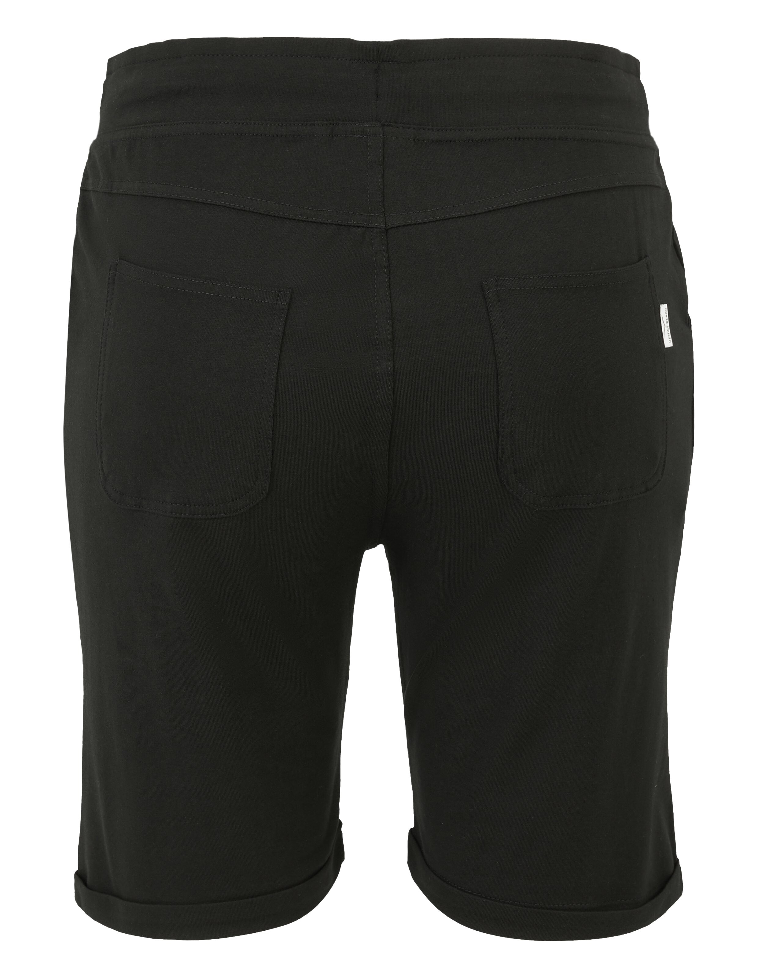 Rückansicht einer schwarzen Freizeitshorts mit Taschen und Rollsäumen für bequemen Stil.