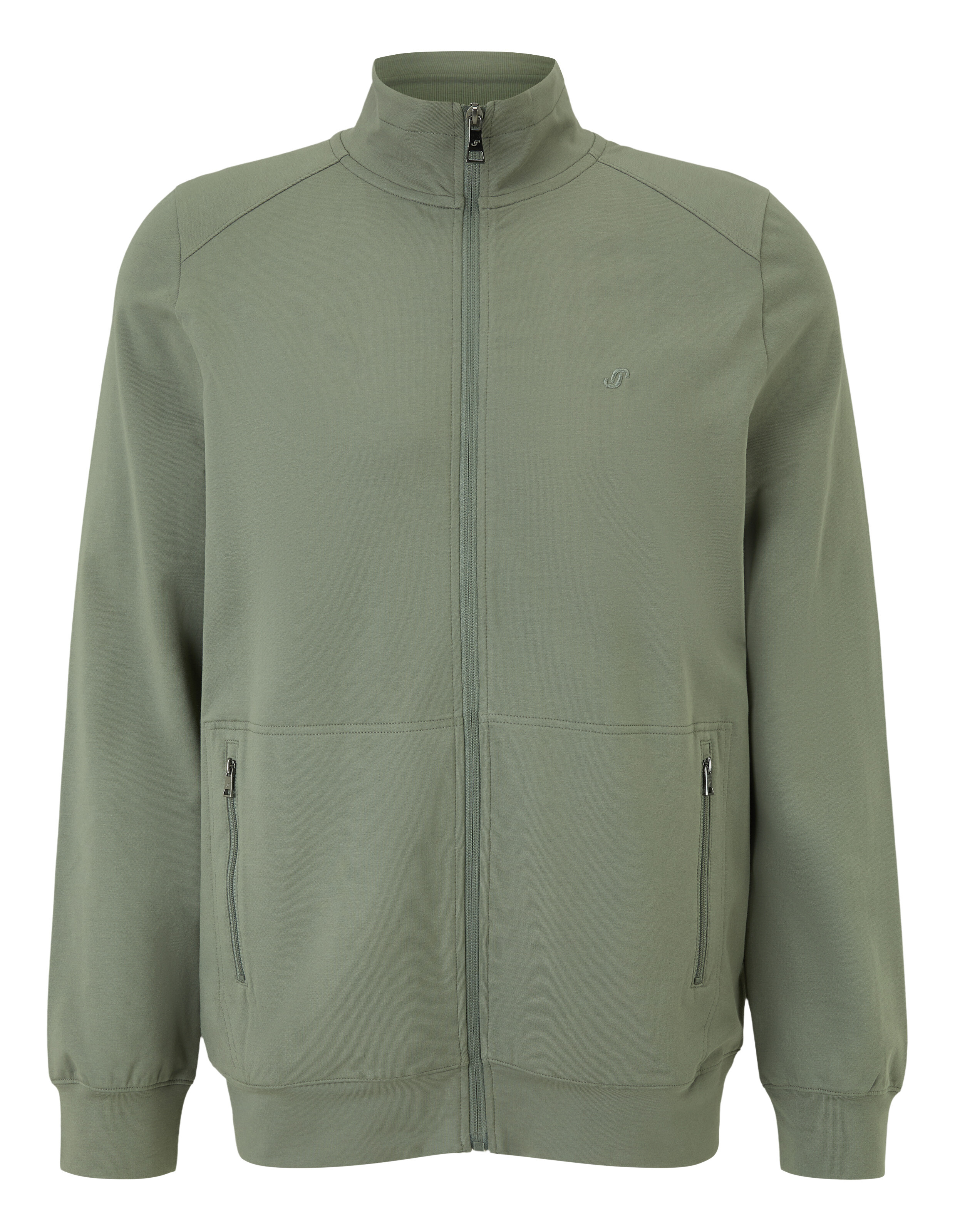 Grüne Unisex-Freizeitjacke mit durchgehendem Reißverschluss, zwei Reißverschlusstaschen und hohem Kragen aus leichtem Material.