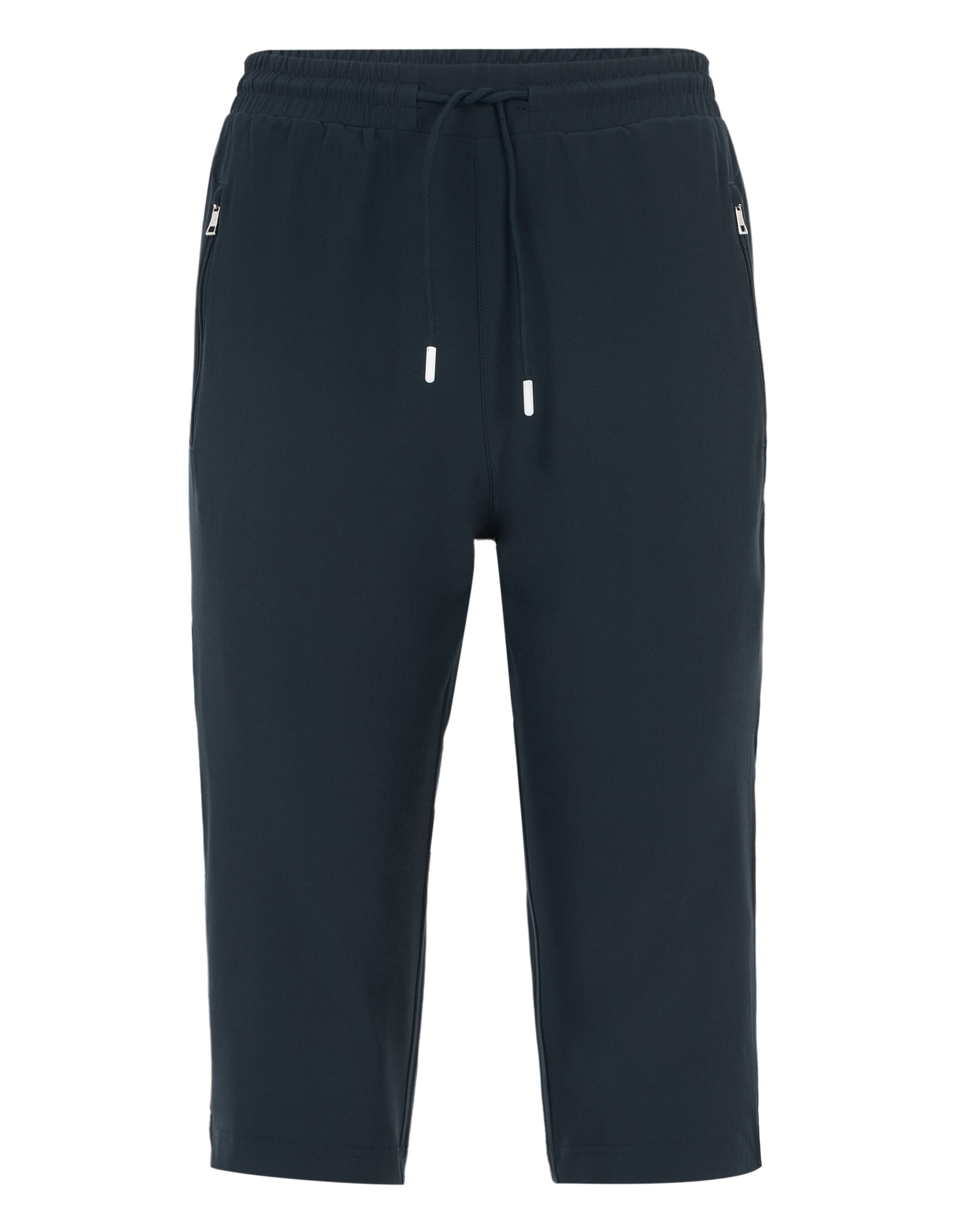 Dunkelblaue, knielange Shorts mit elastischem Bund, Kordelzug und Reißverschlusstaschen an den Seiten für einen sportlichen Look.
