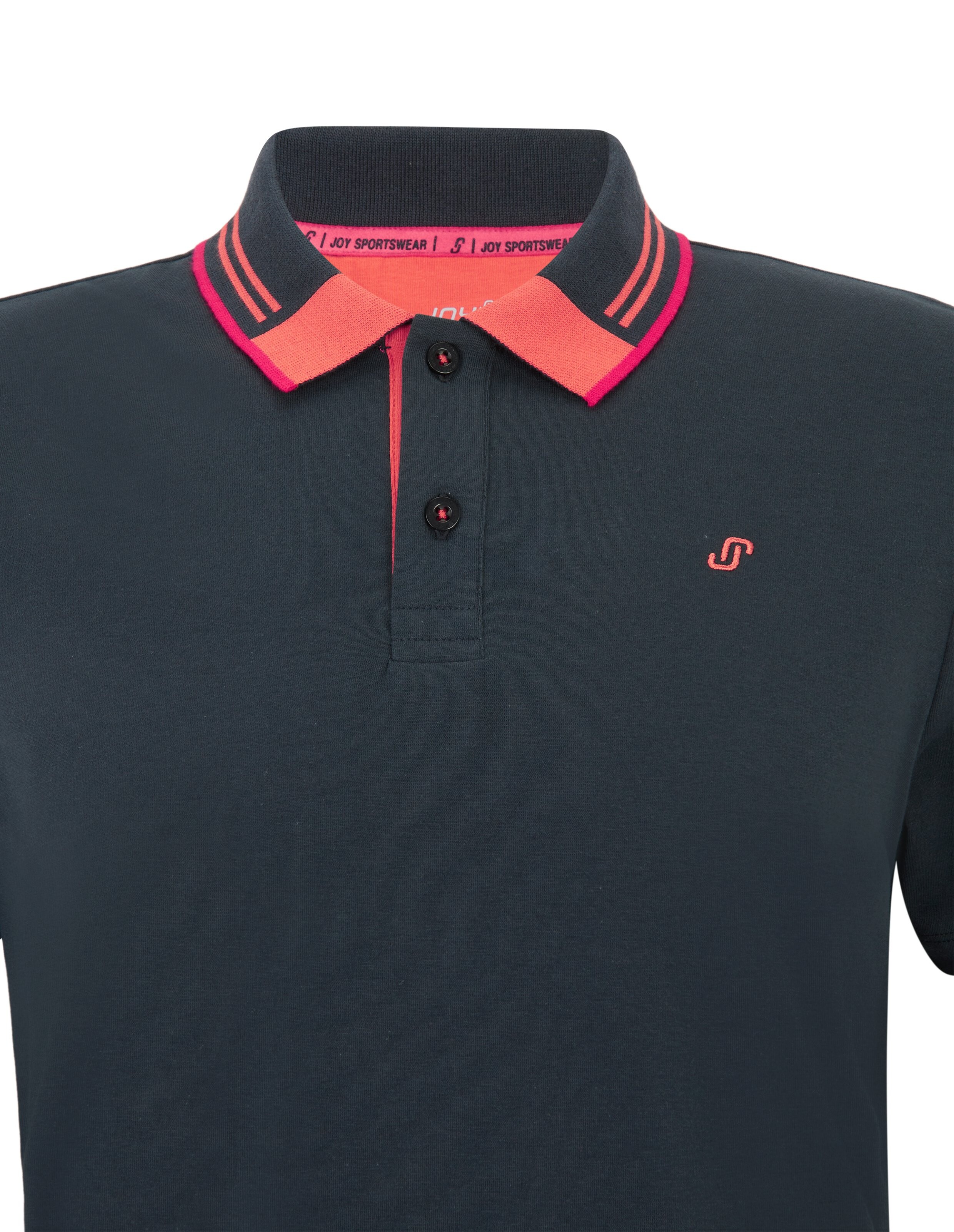 Dunkelblaues Poloshirt mit rotem Kragen und Knopfleiste, feine Streifenakzente am Kragen und ein kleines S-Logo auf der Brust.