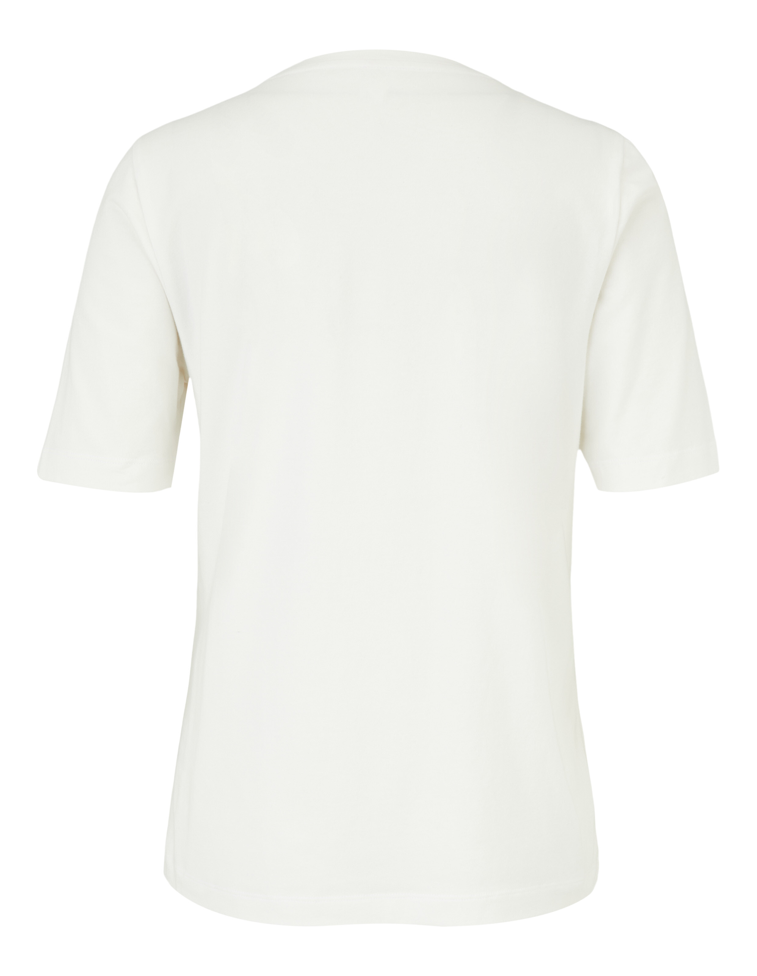 Rückansicht eines schlichten, weißen T-Shirts mit kurzen Ärmeln und rundem Ausschnitt vor einem weißen Hintergrund.