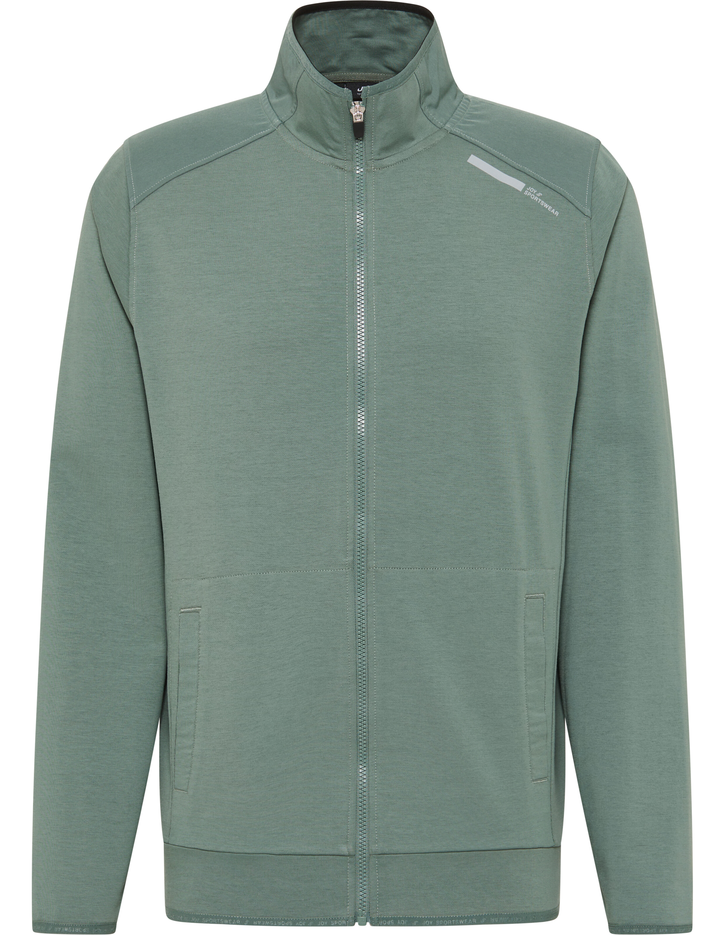 Grüne Jacke mit Reißverschluss und Stehkragen, minimalistisches Design, mit Taschen und dezentem Logo auf der Brust.