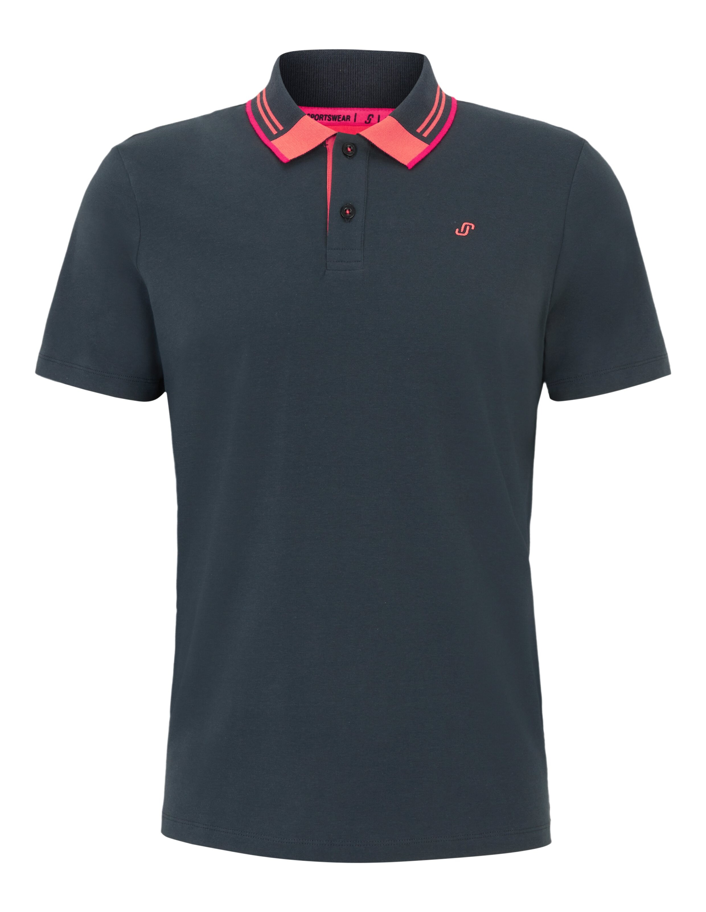 Dunkelblaues Poloshirt mit kurzem Ärmel, rosanem Kragen und Knopfleiste, akzentuiert von feinen Streifen und kleinem Logo.