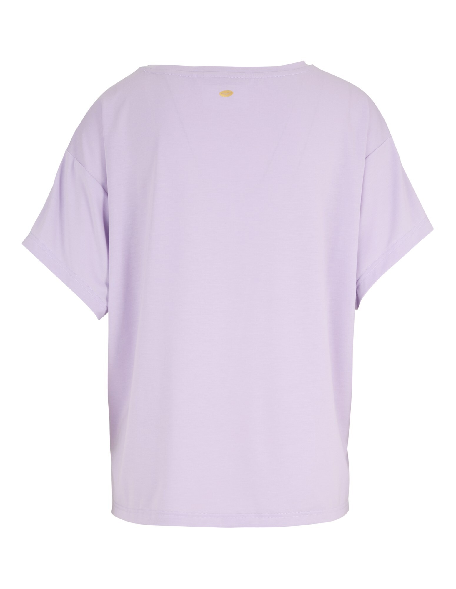 Rückansicht eines lavendelfarbenen T-Shirts mit lockerer Passform und kurzen Ärmeln.