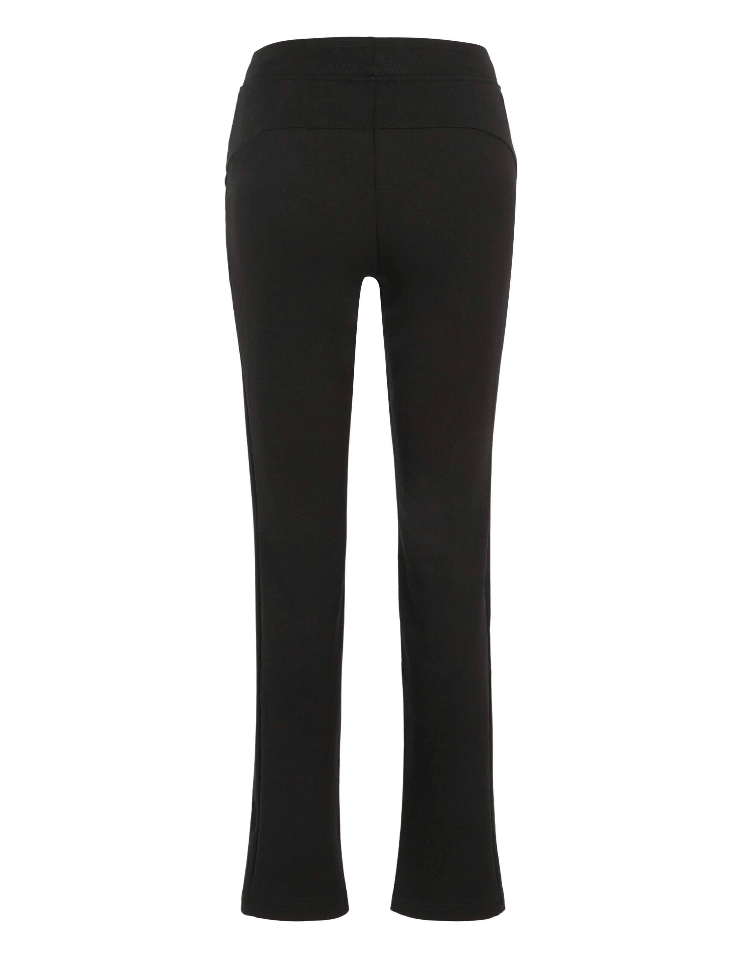 Schwarze Hose in voller Länge, mit geradem Schnitt und hohem Bund, aus weichem Stoff, Rückansicht gezeigt.