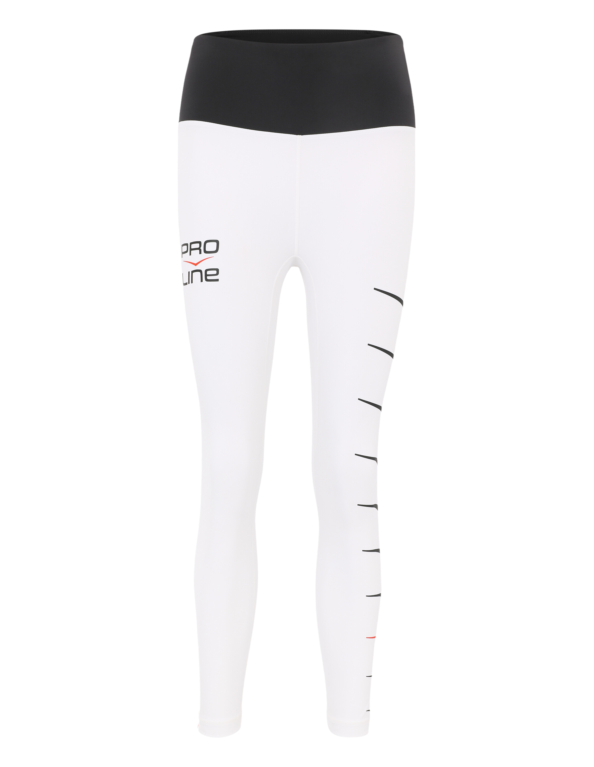 Weiße Sportleggings mit hohem Bund, schwarzem Bund und Pro Line-Branding.