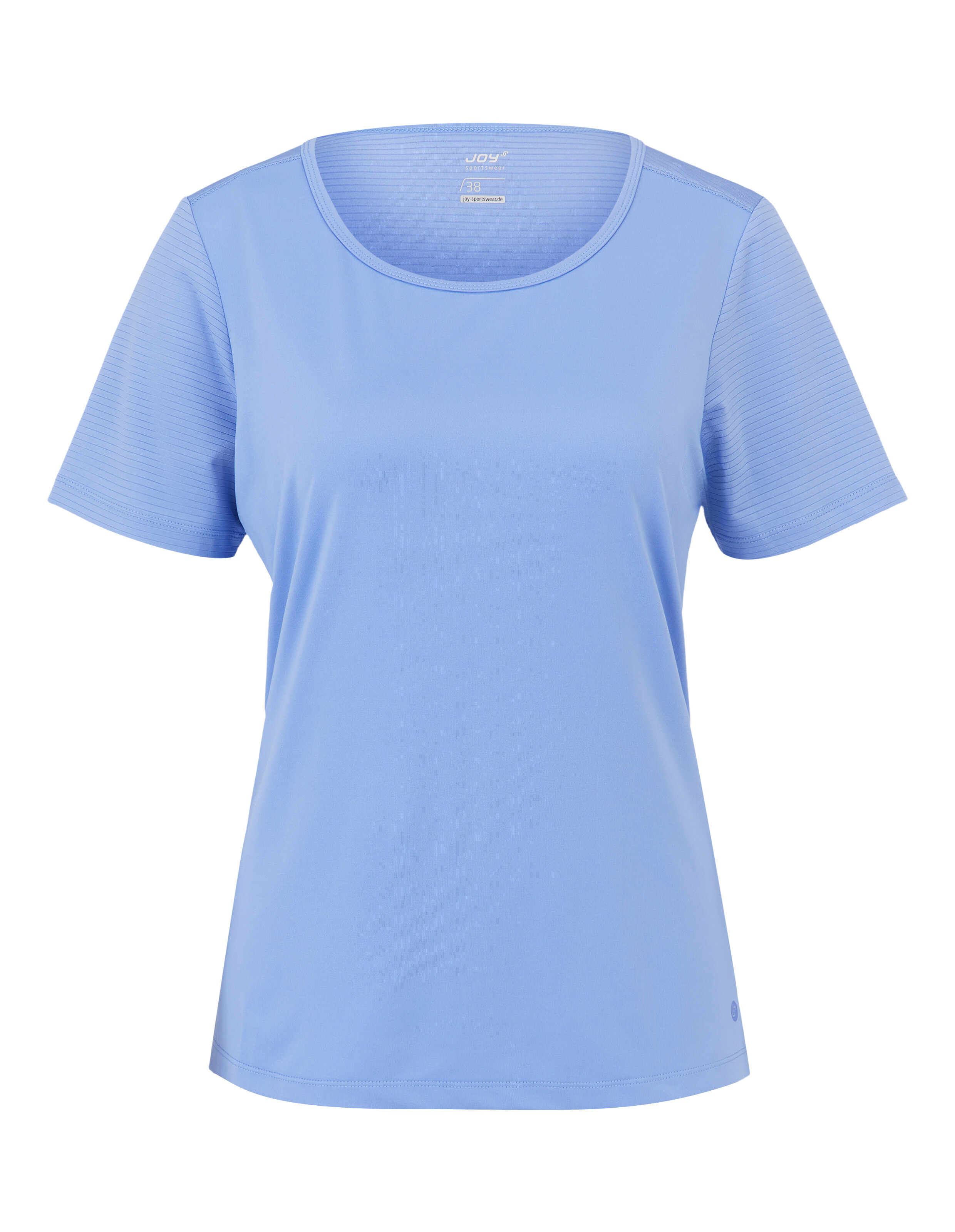 Hellblaues, lässiges T-Shirt mit gerippten Ärmeln und rundem Ausschnitt.