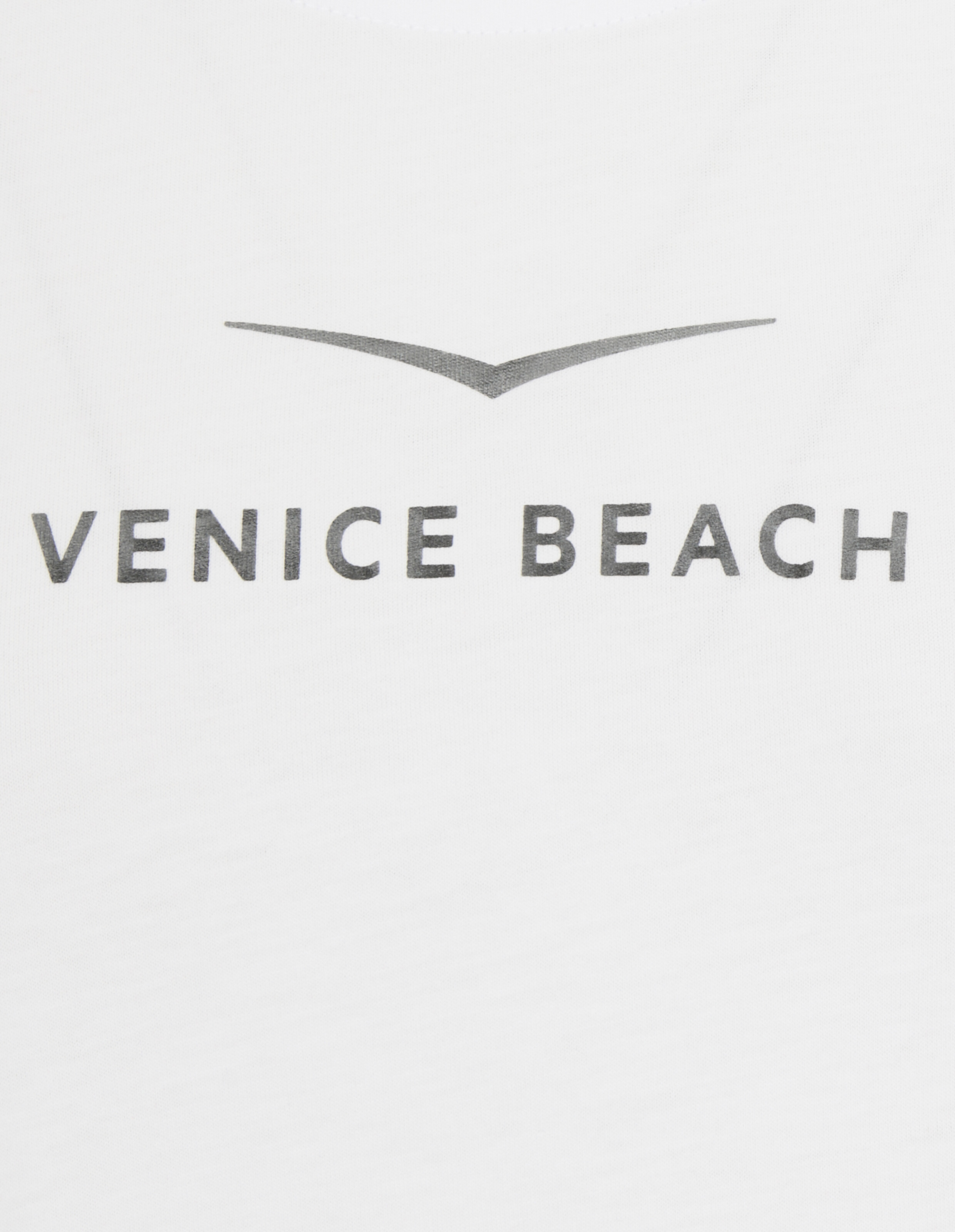 Weißes Freizeithemd mit grauem Venice Beach-Logo und grafischem Symboldruck.