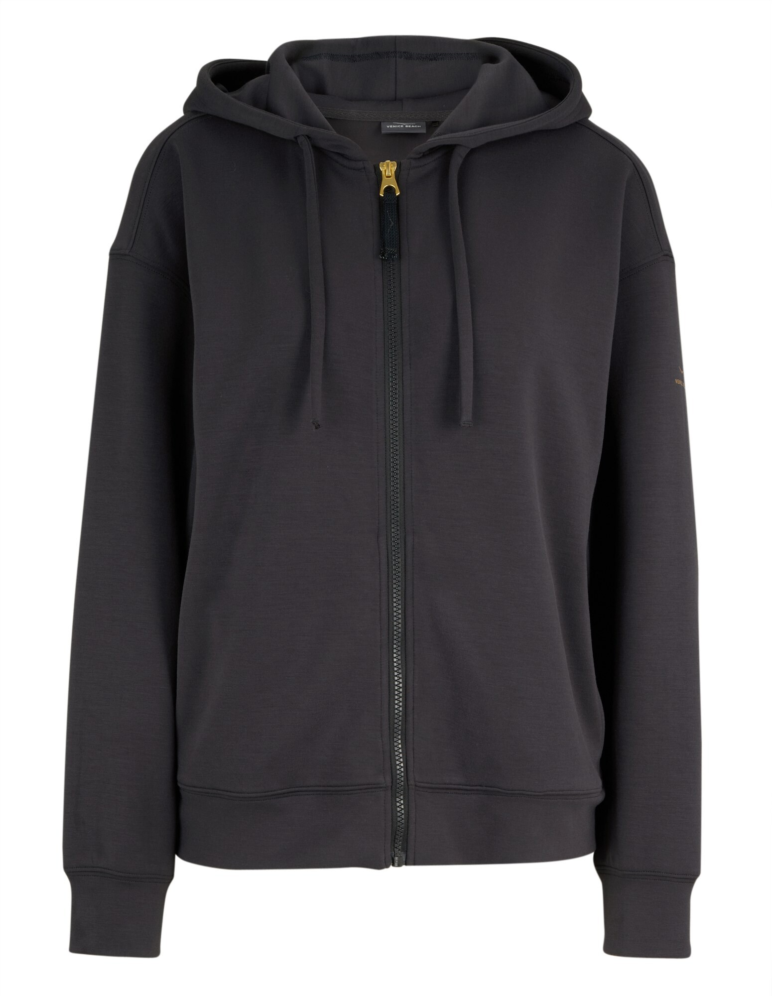 Gemütlicher schwarzer Kapuzenpullover mit Kapuze und goldenem Reißverschluss, perfekt für Freizeitkleidung.