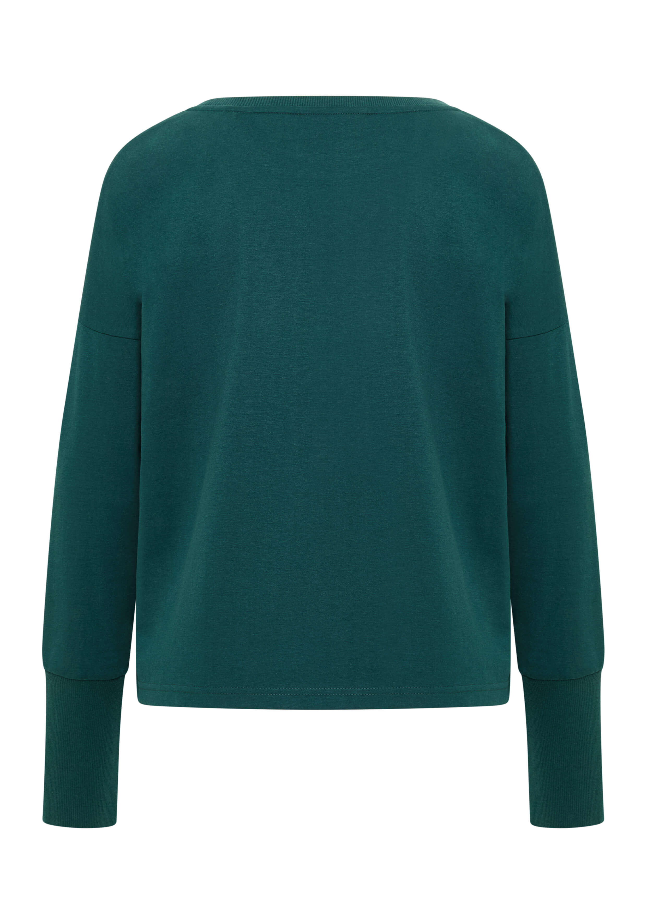 Rückansicht eines gemütlichen dunkelgrünen Langarm-Sweatshirts mit gerippten Bündchen für Freizeitkleidung.