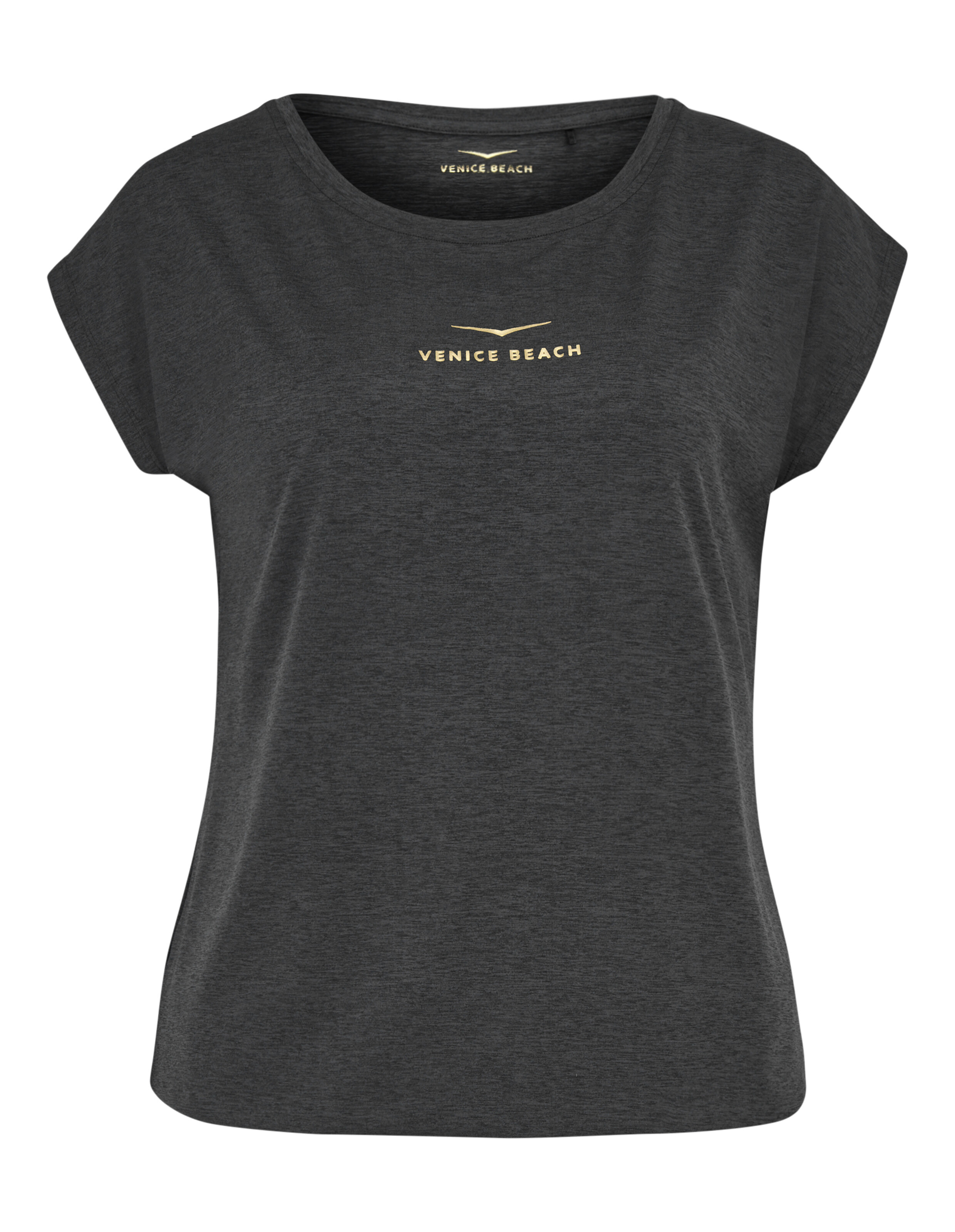 Dunkelgraues lässiges Venice Beach-T-Shirt mit goldenem Logo-Print, perfekt für gemütliche Lounge-Kleidung.
