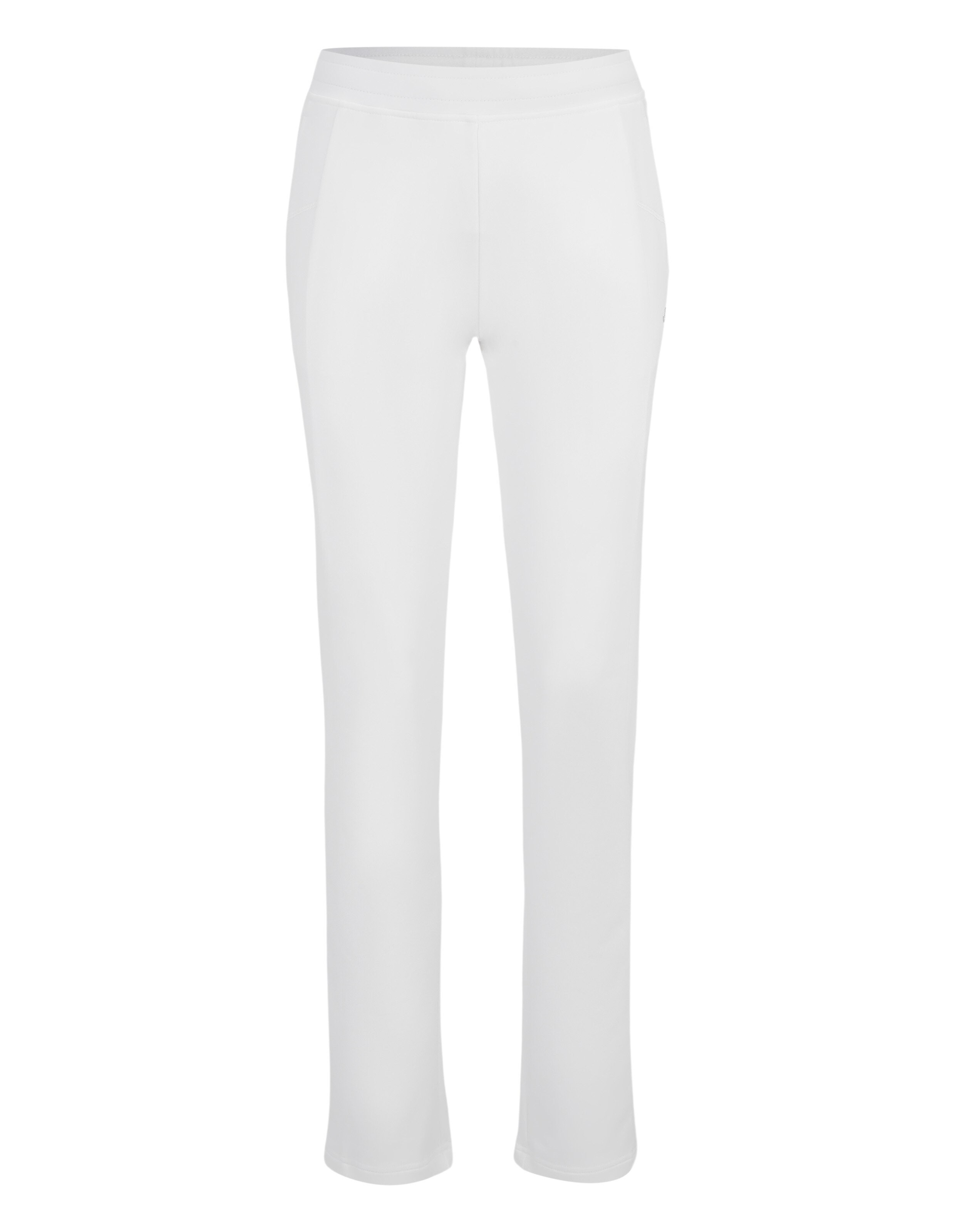 Weiße, schlichte Damenhose in gerade geschnittener Form aus glattem Stoff, geeignet für lässige Anlässe oder sportliche Aktivitäten.