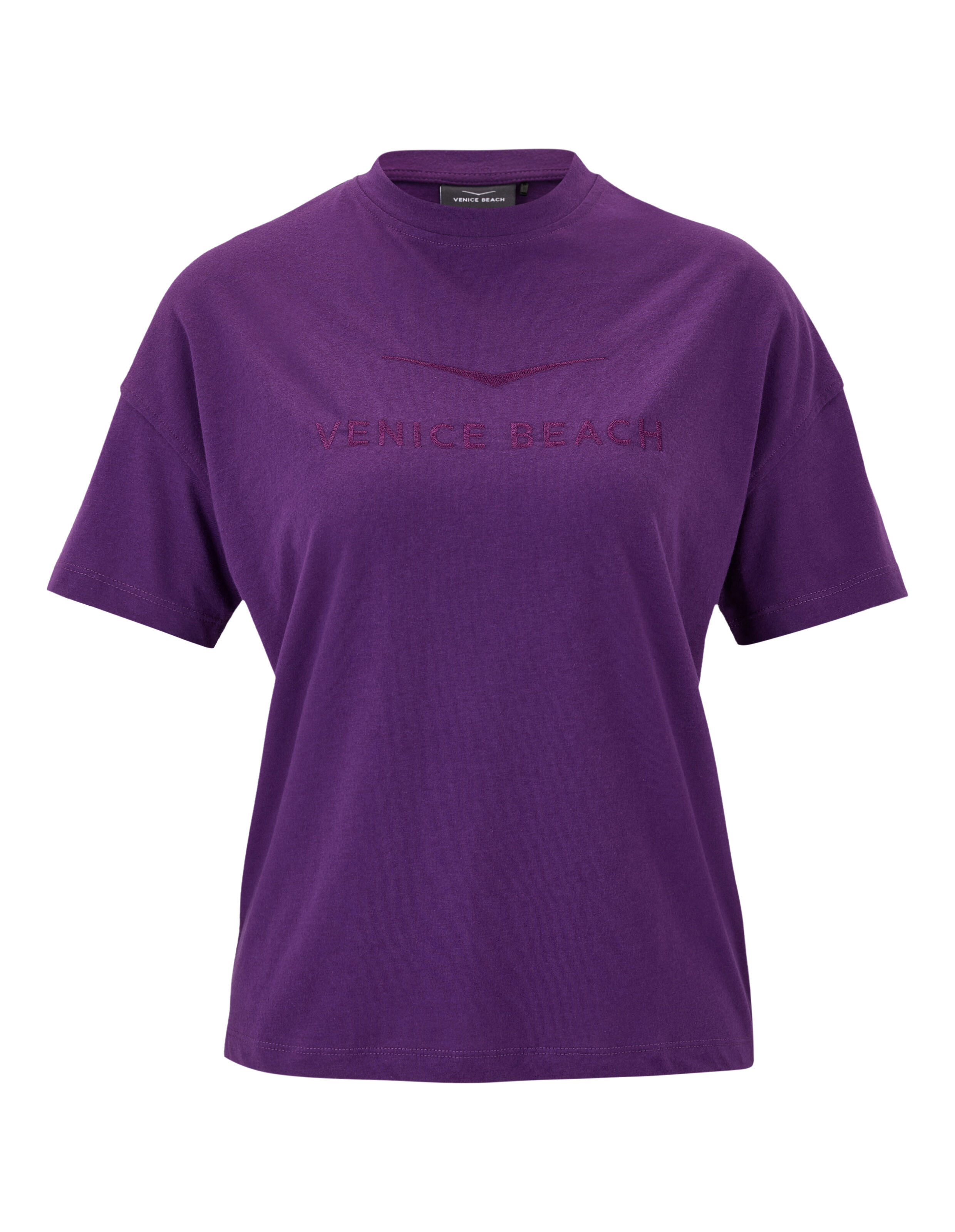 Lilafarbenes Venice Beach-Freizeit-T-Shirt mit gesticktem Logo für bequeme Loungewear.