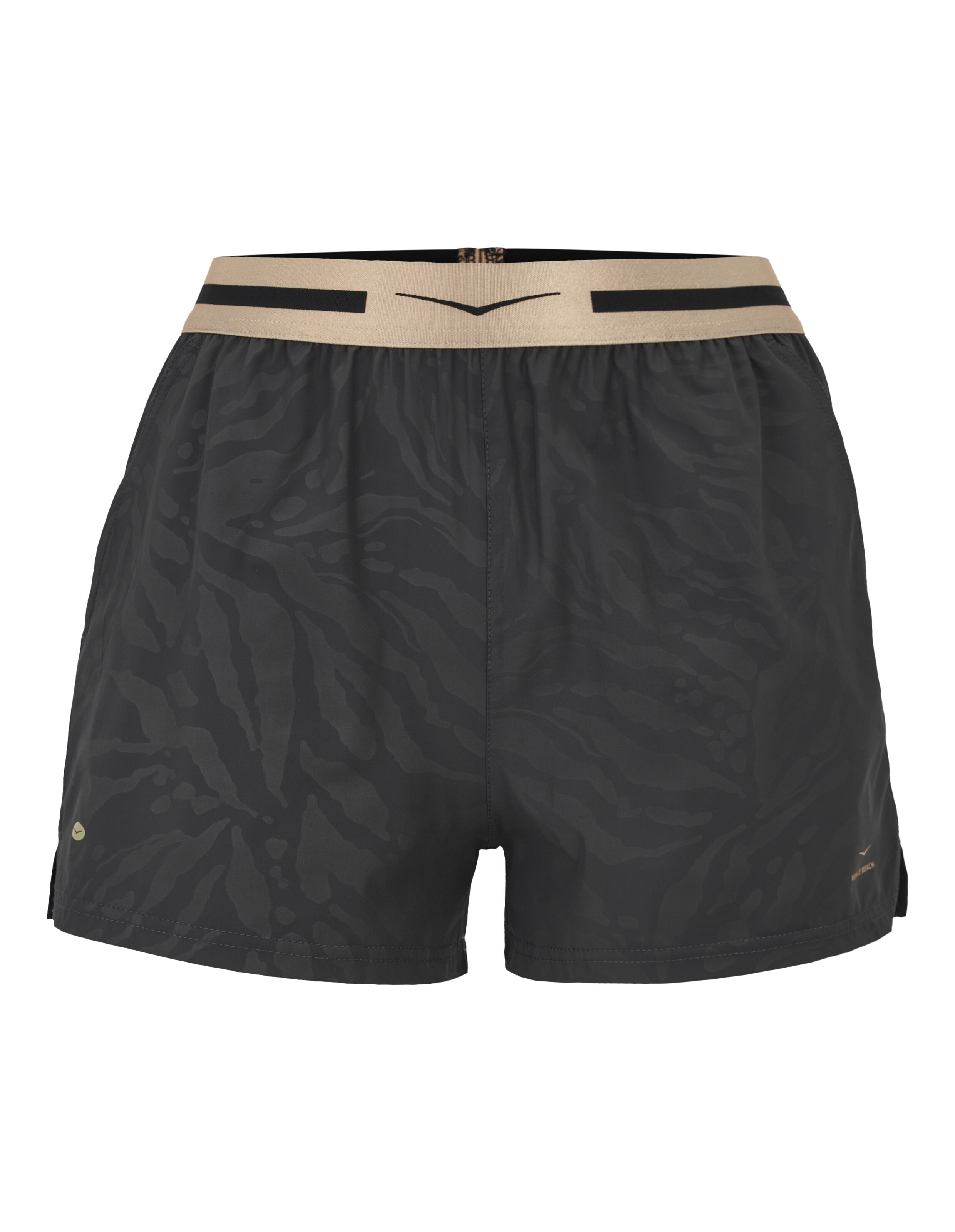 Schwarze, lässige Shorts mit dezentem Animal-Print und beigem elastischem Bund.
