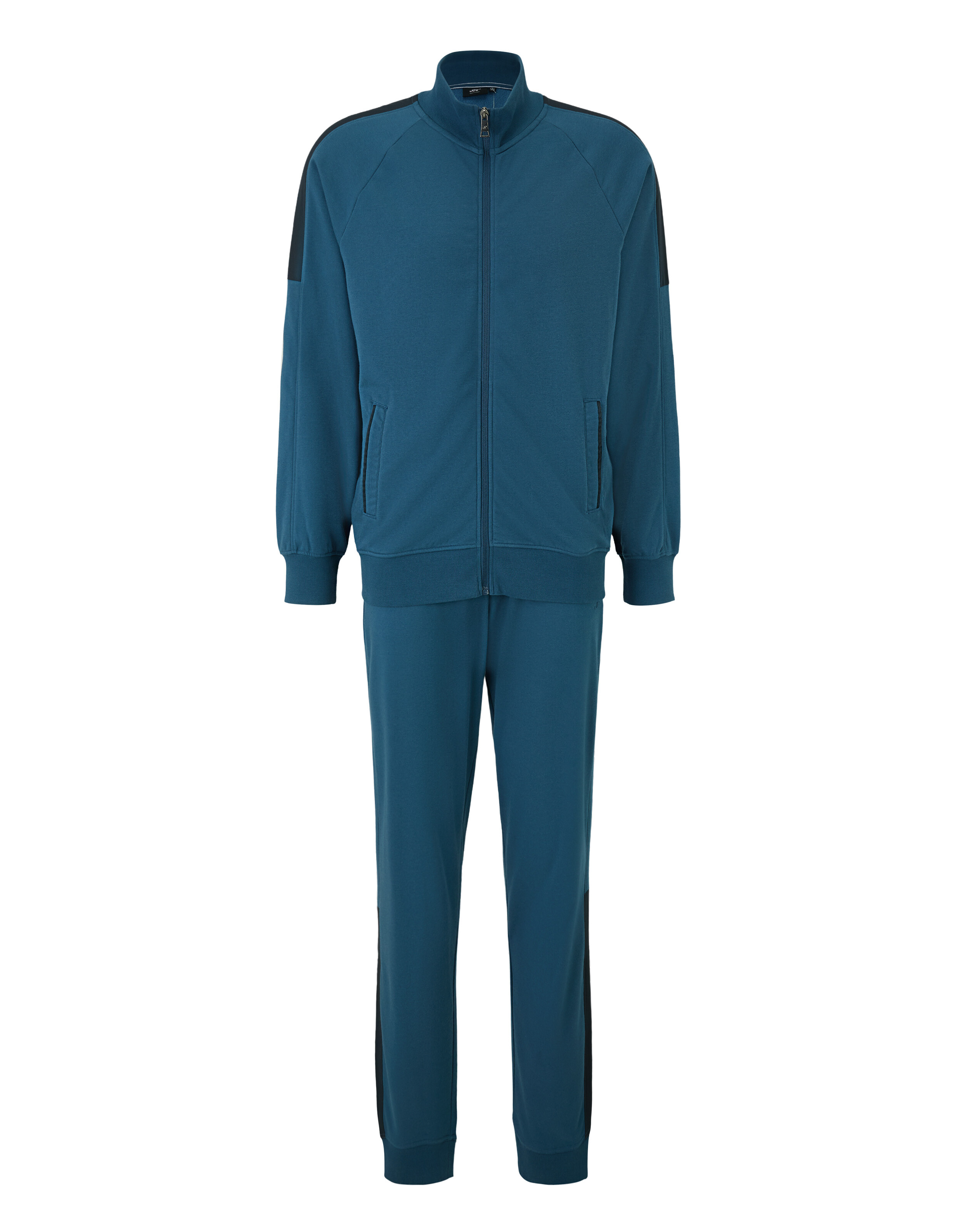 Blauer Trainingsanzug mit Reißverschlussjacke und langen Ärmeln, Hose mit elastischem Bund, schwarze Akzente an Schultern und Seiten.