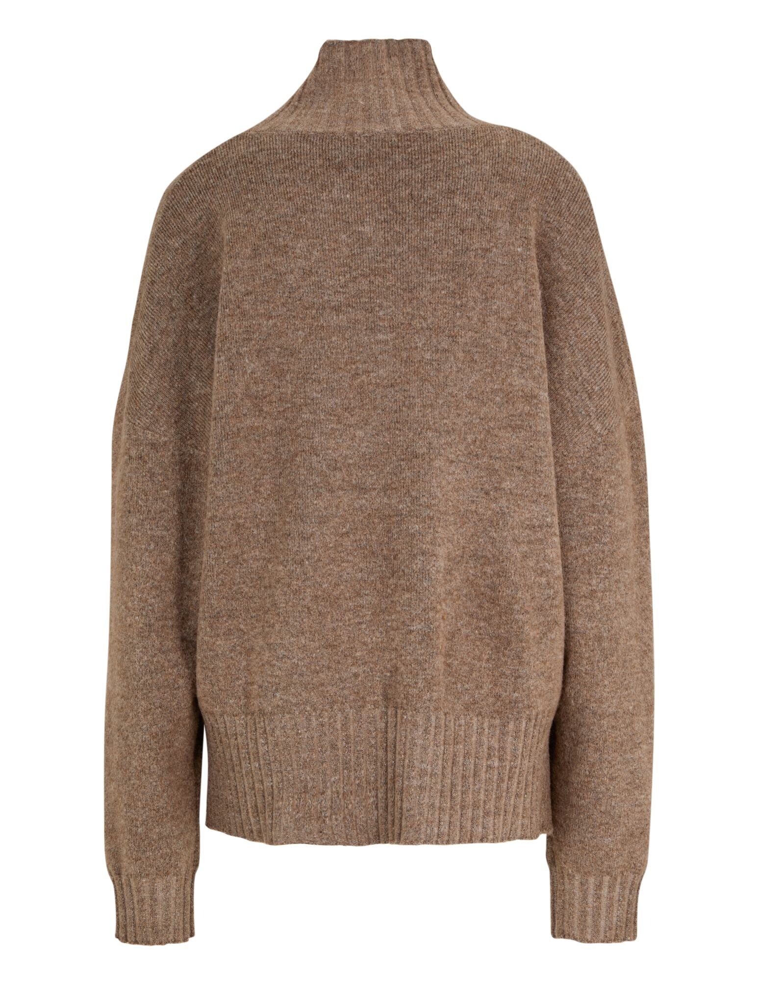 Kuscheliger brauner Pullover mit Stehkragen und geripptem Saum, perfekt für Freizeitkleidung.