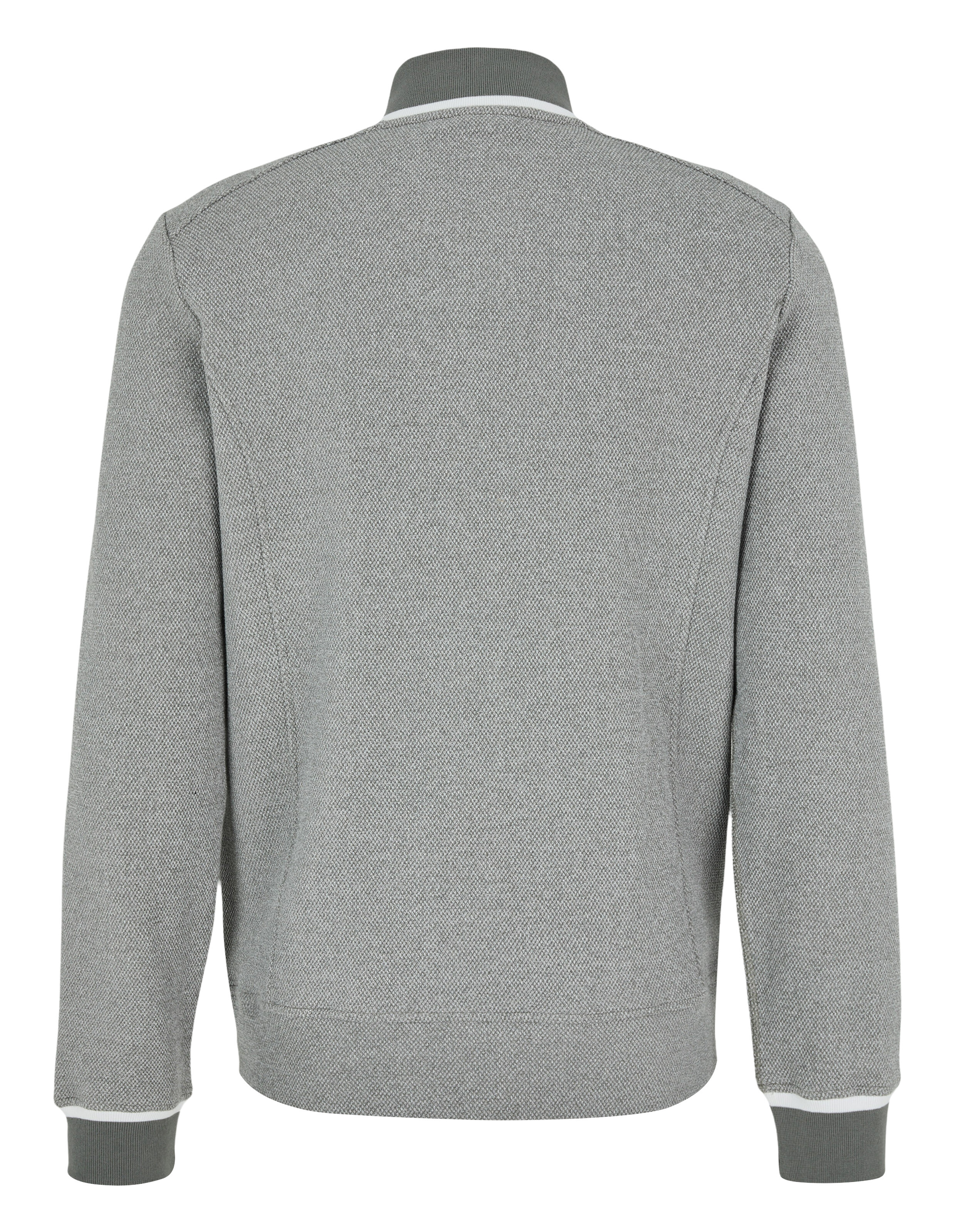 Rückansicht eines gemütlichen grauen Freizeit-Sweatshirts mit geripptem Kragen und Bündchen.