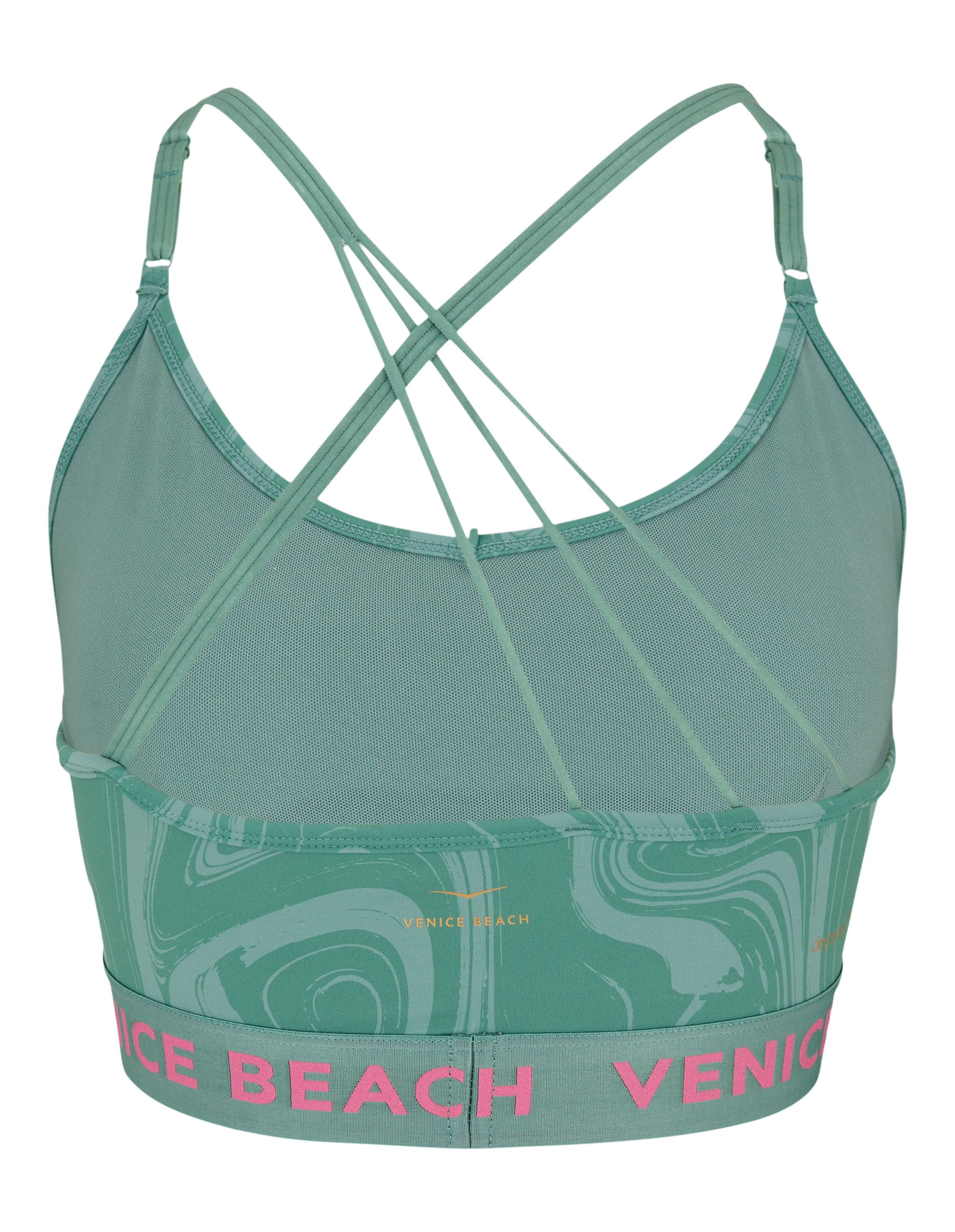 Grüner Oakley-Sport-BH „Venice Beach Top“ mit Marmordruck und Logoband.