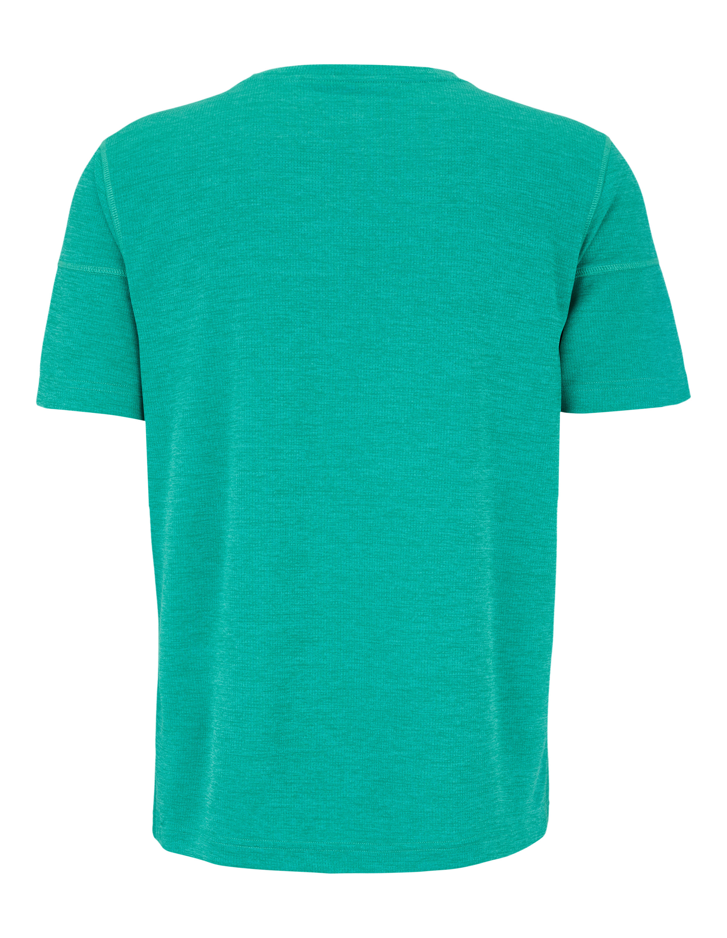 Rückansicht eines gemütlichen blaugrünen Kurzarm-T-Shirts für Freizeitkleidung.