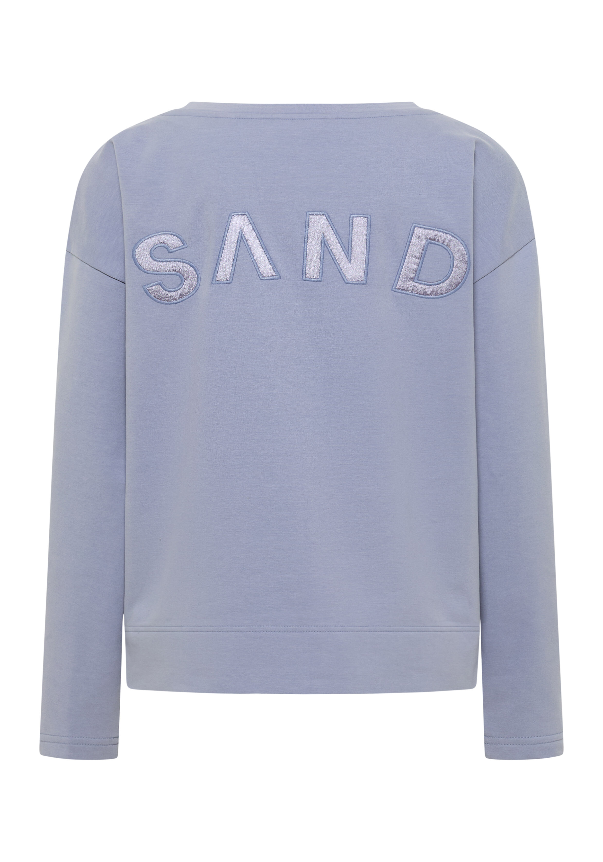 Hellblaues, gemütliches Freizeit-Sweatshirt mit SAND-Schriftzug für entspannte Lounge-Kleidung.