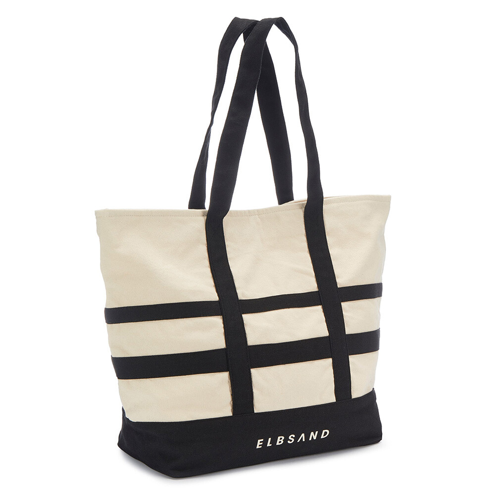 Stilvolle beige-schwarze Tragetasche mit ELBSAND-Logo, perfekt für Freizeitausflüge.