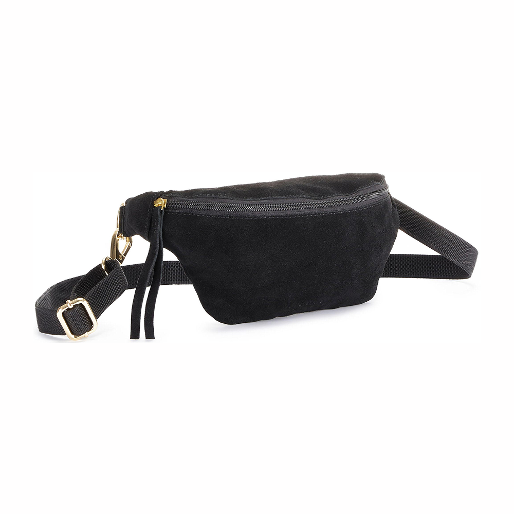 Gürteltasche aus schwarzem Wildleder mit verstellbarem Riemen und goldenem Reißverschlussdetail.