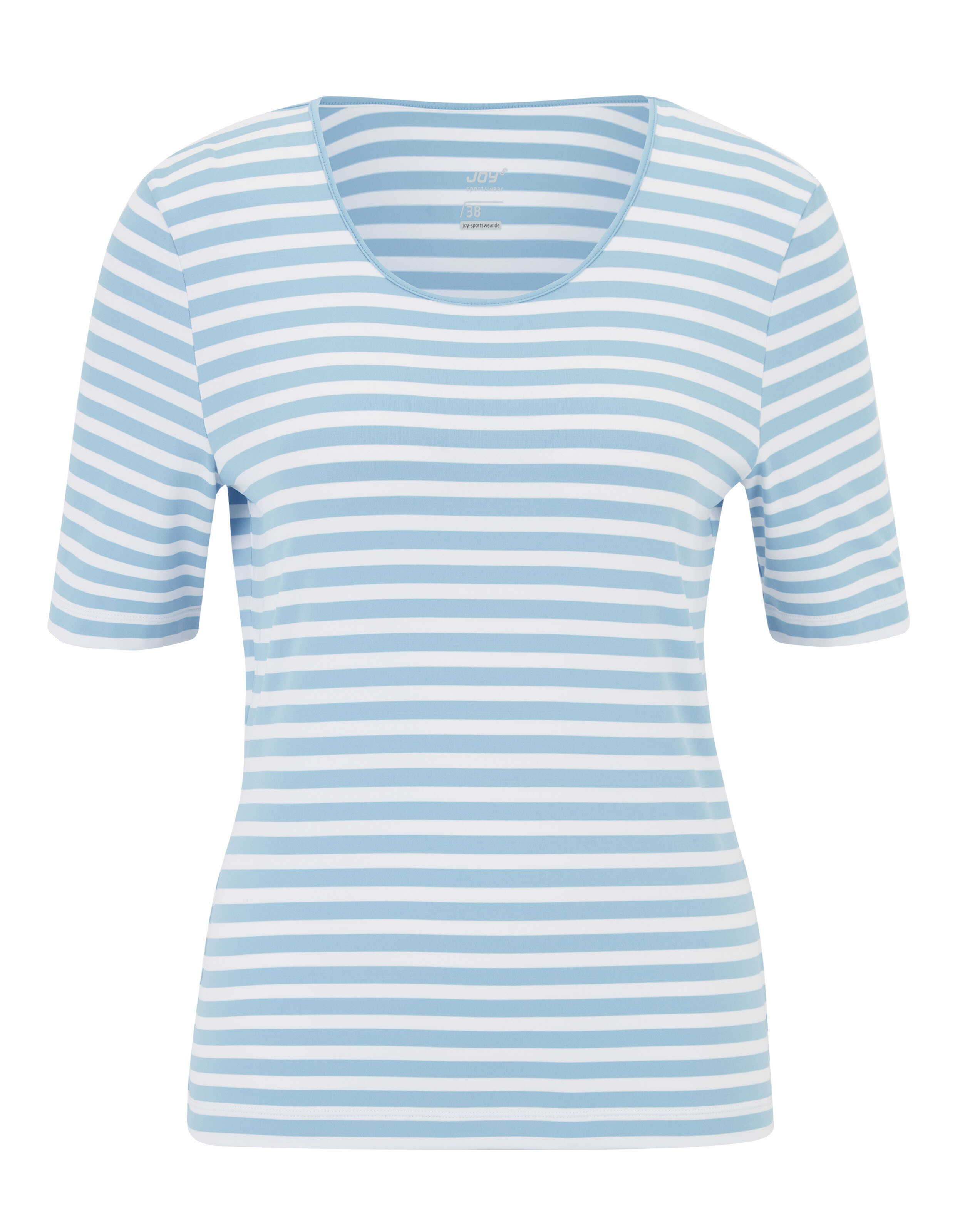 Hellblau-weiß gestreiftes T-Shirt mit Rundhalsausschnitt und kurzen Ärmeln, regelmäßiges Streifenmuster und figurbetonter Schnitt.