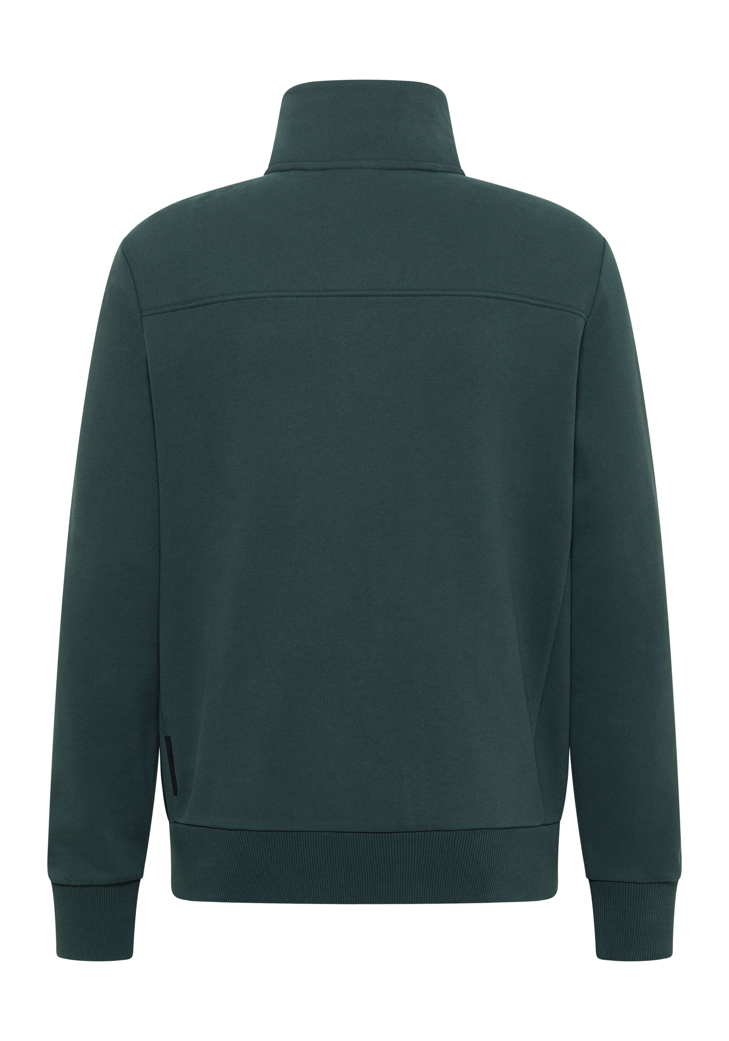 Rückansicht eines dunkelgrünen, lässigen Sweatshirts mit Reißverschluss, hohem Kragen und gerippten Bündchen.