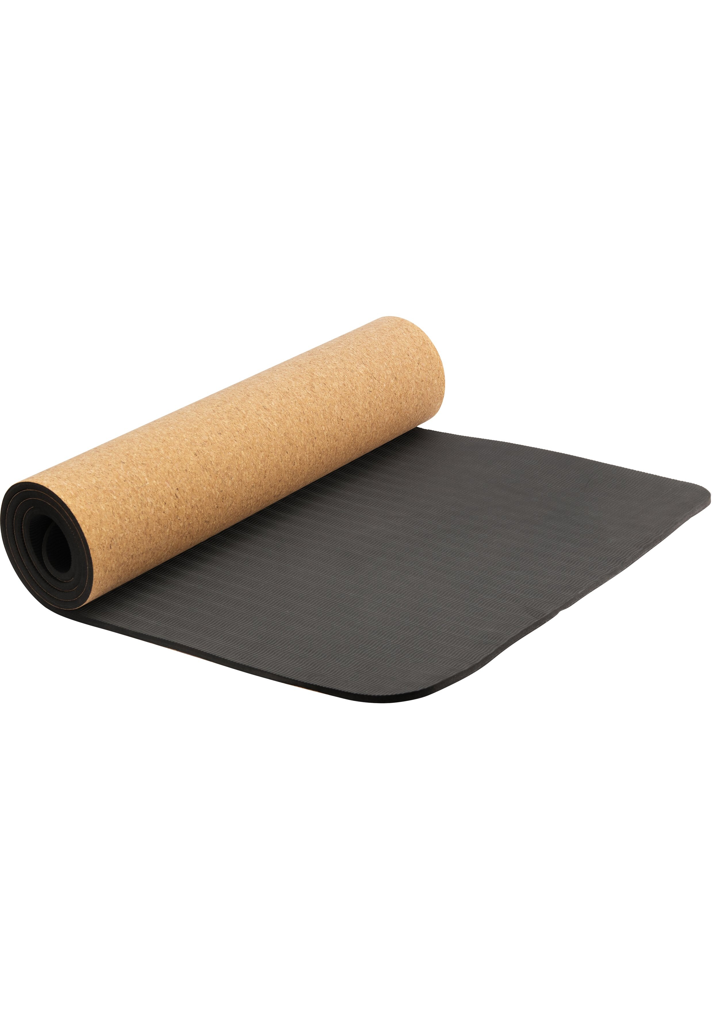 Eine teilweise gerollte Yogamatte mit einer Oberseite aus Naturkork und einer schwarz strukturierten Unterlage.