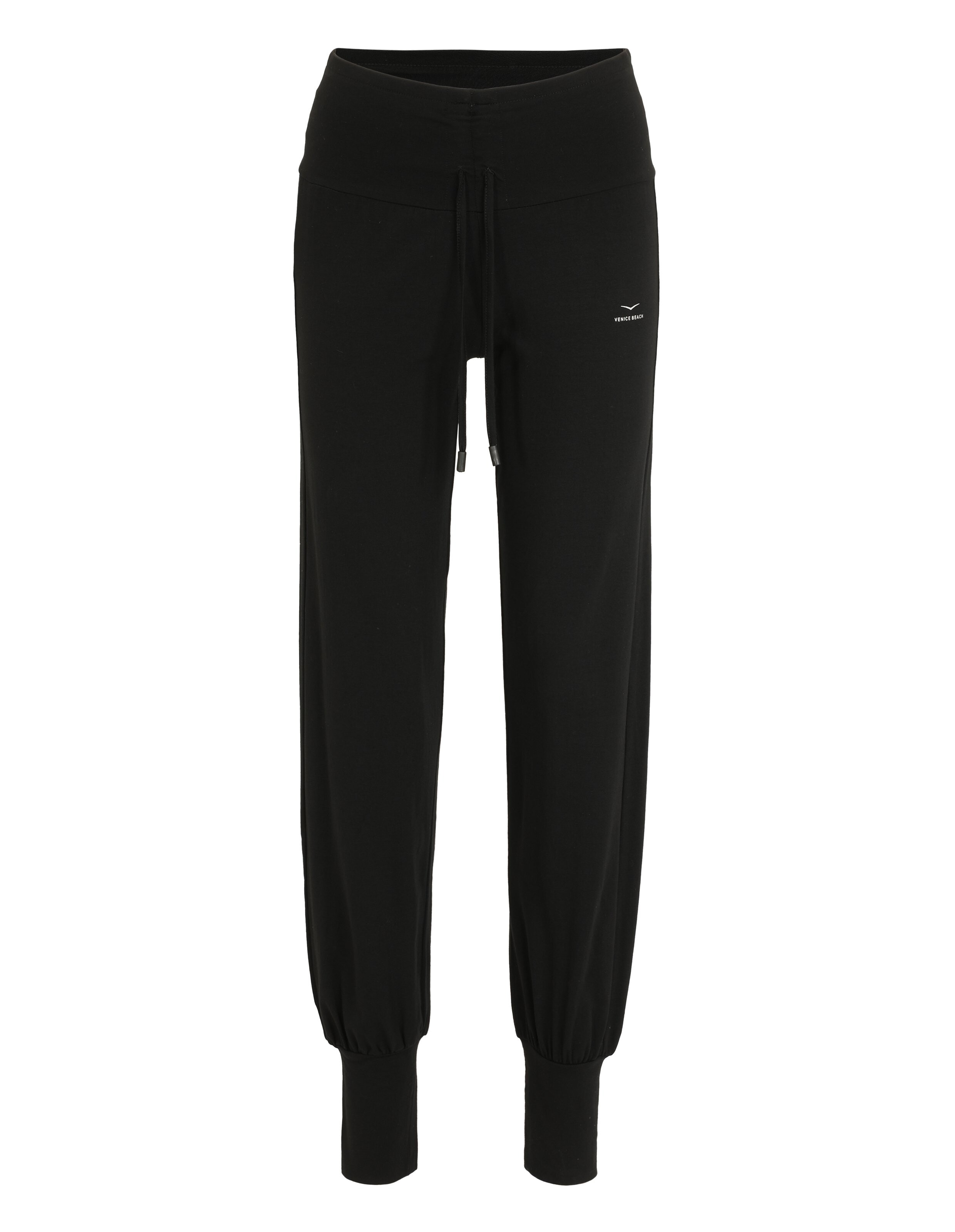 Schwarze, lässige Lounge-Jogginghose mit Kordelzug in der Taille und Bündchen an den Knöcheln.