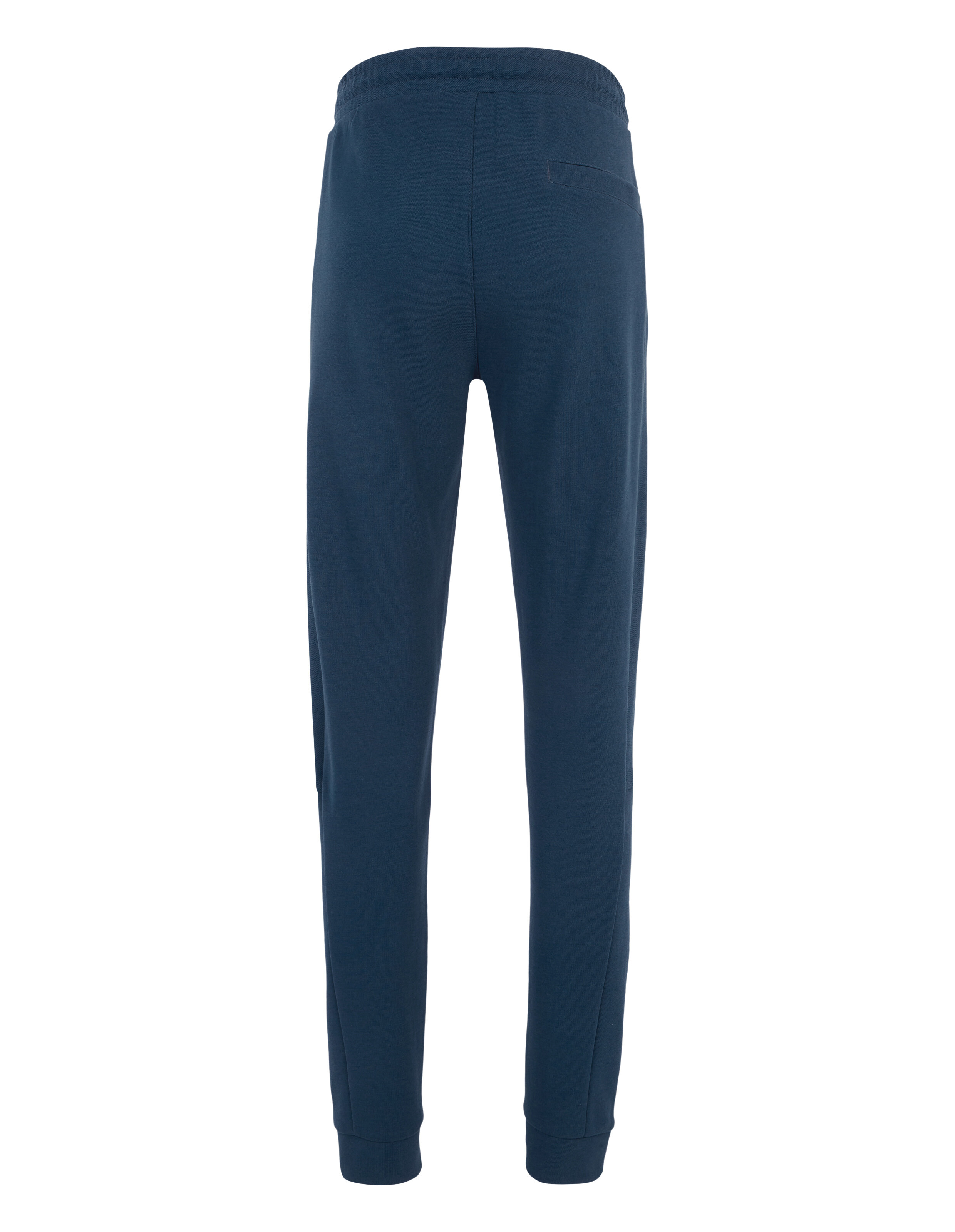 Dunkle blaue Jogginghose aus Baumwolle, gesehen von hinten, mit elastischem Bund und Tasche rechts, locker geschnittene Beine.