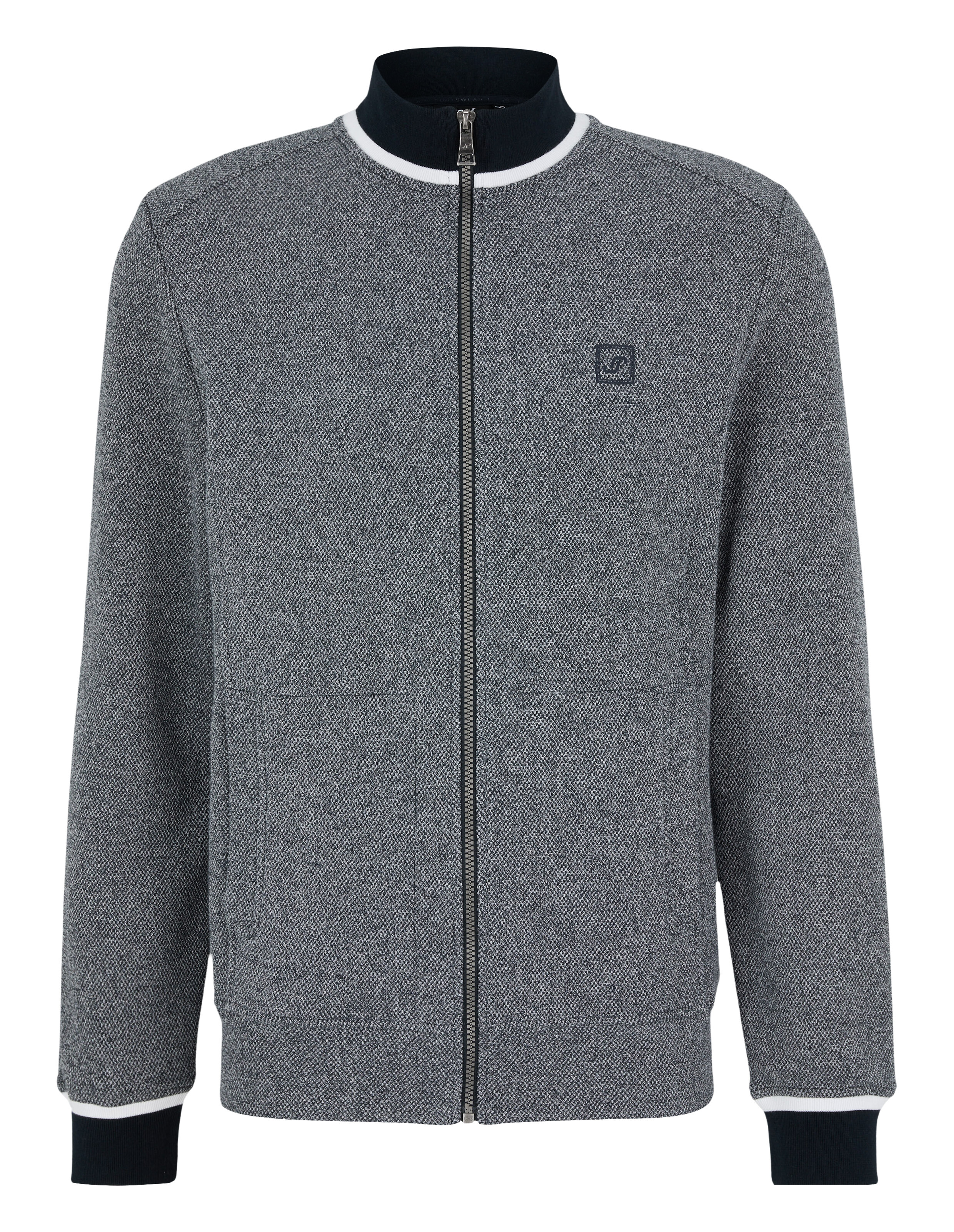 Graue Strickjacke mit Reißverschluss, blauem Kragen und Logo-Detail.