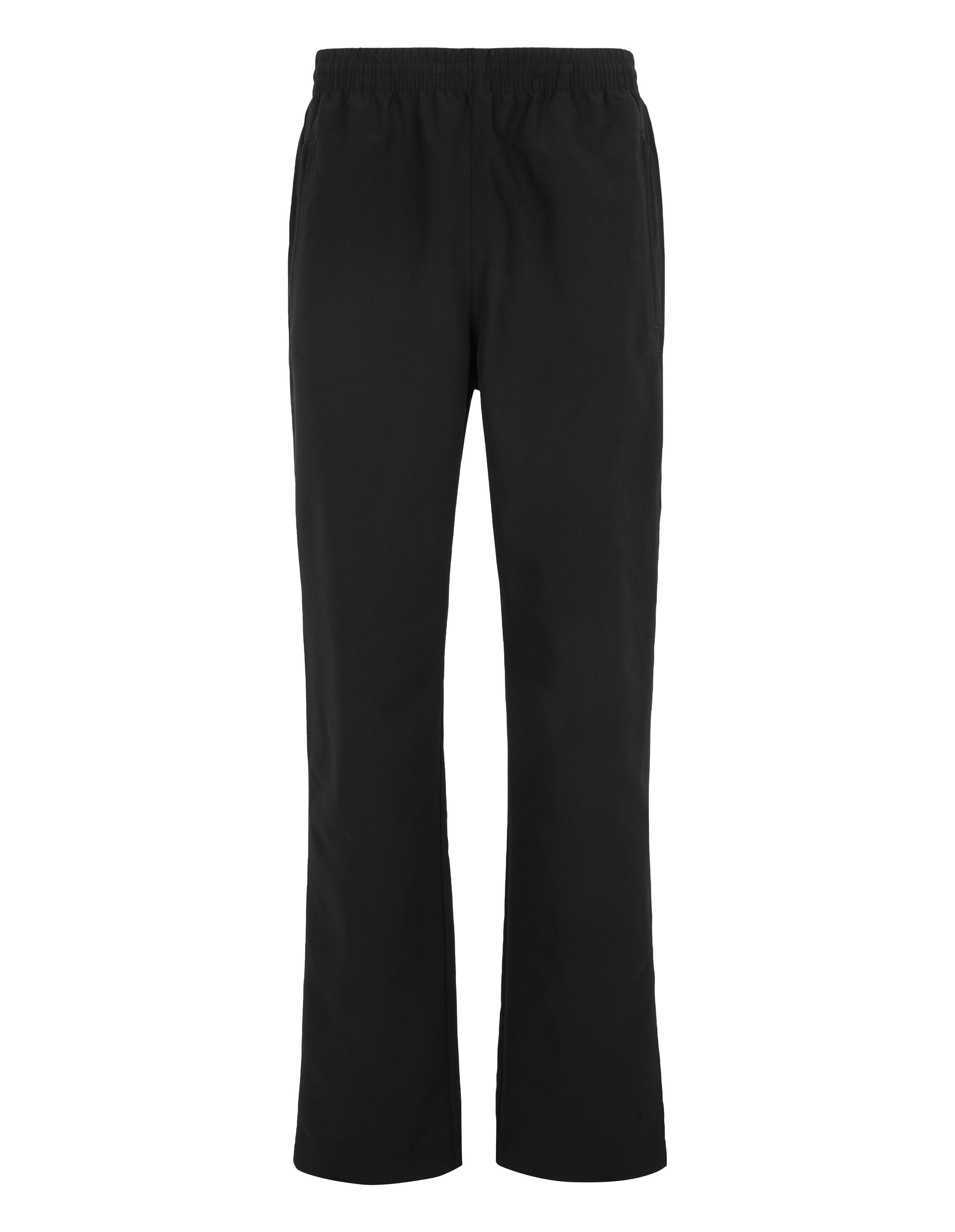 Schwarze, gerade geschnittene Hose mit elastischem Bund und seitlichen Taschen, ideal für Freizeitkleidung.