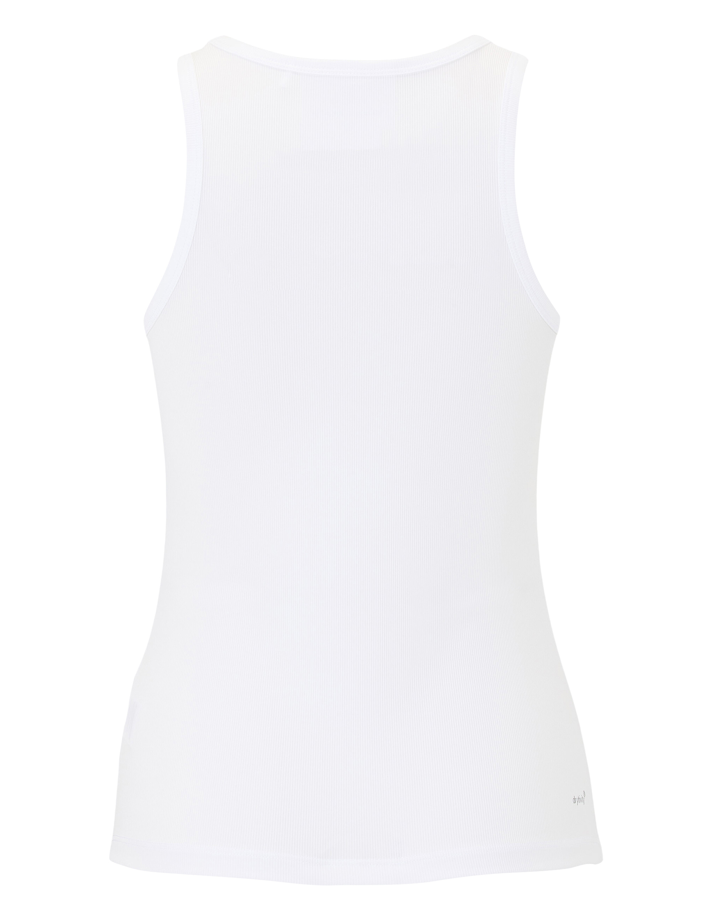 Rückansicht eines weißen, gerippten Tanktops, perfekt für Freizeitkleidung.