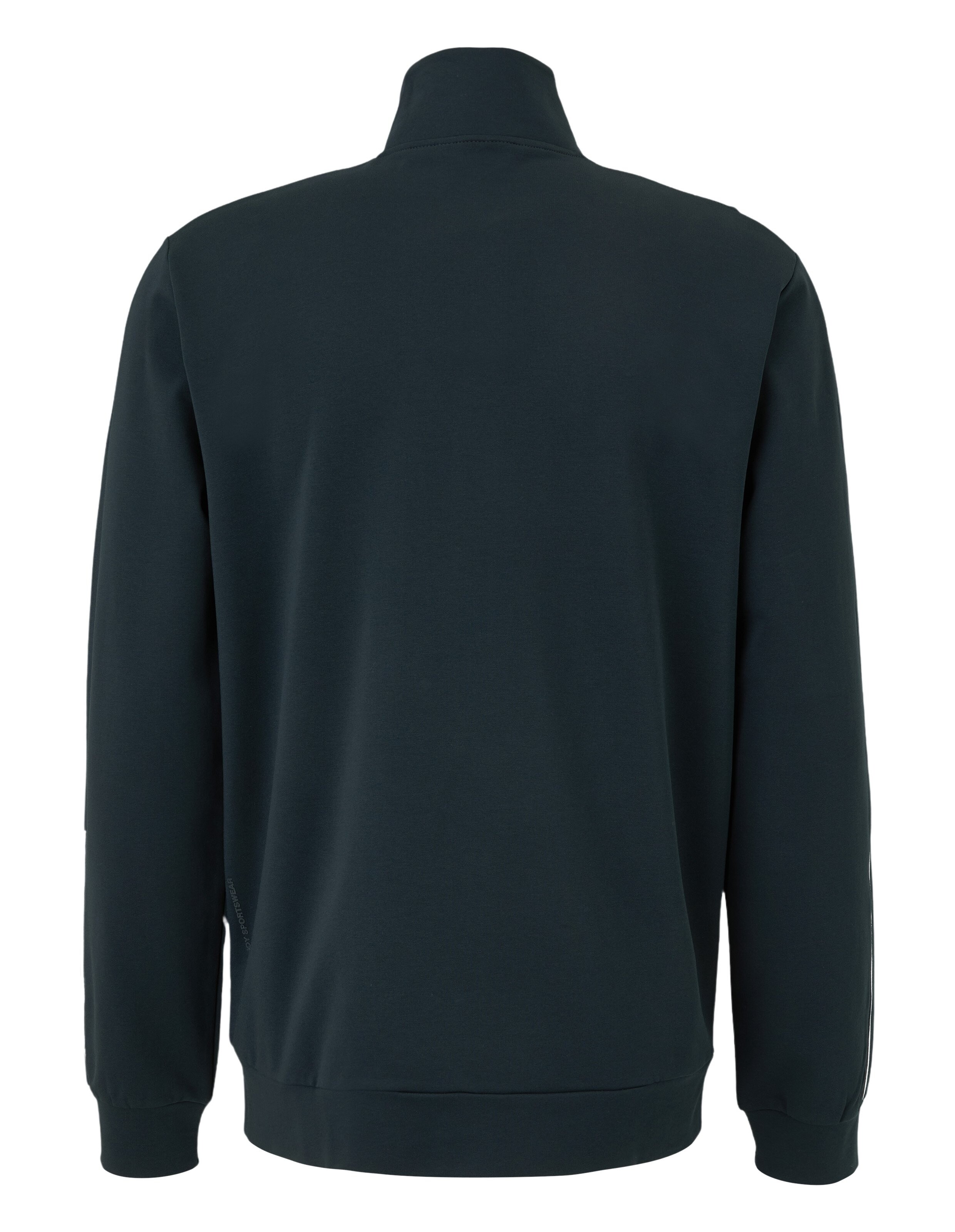 Dunkelblauer Pullover mit hohem Kragen und langen Ärmeln, Rückenansicht, schlichtes Design ohne sichtbare Verzierungen.
