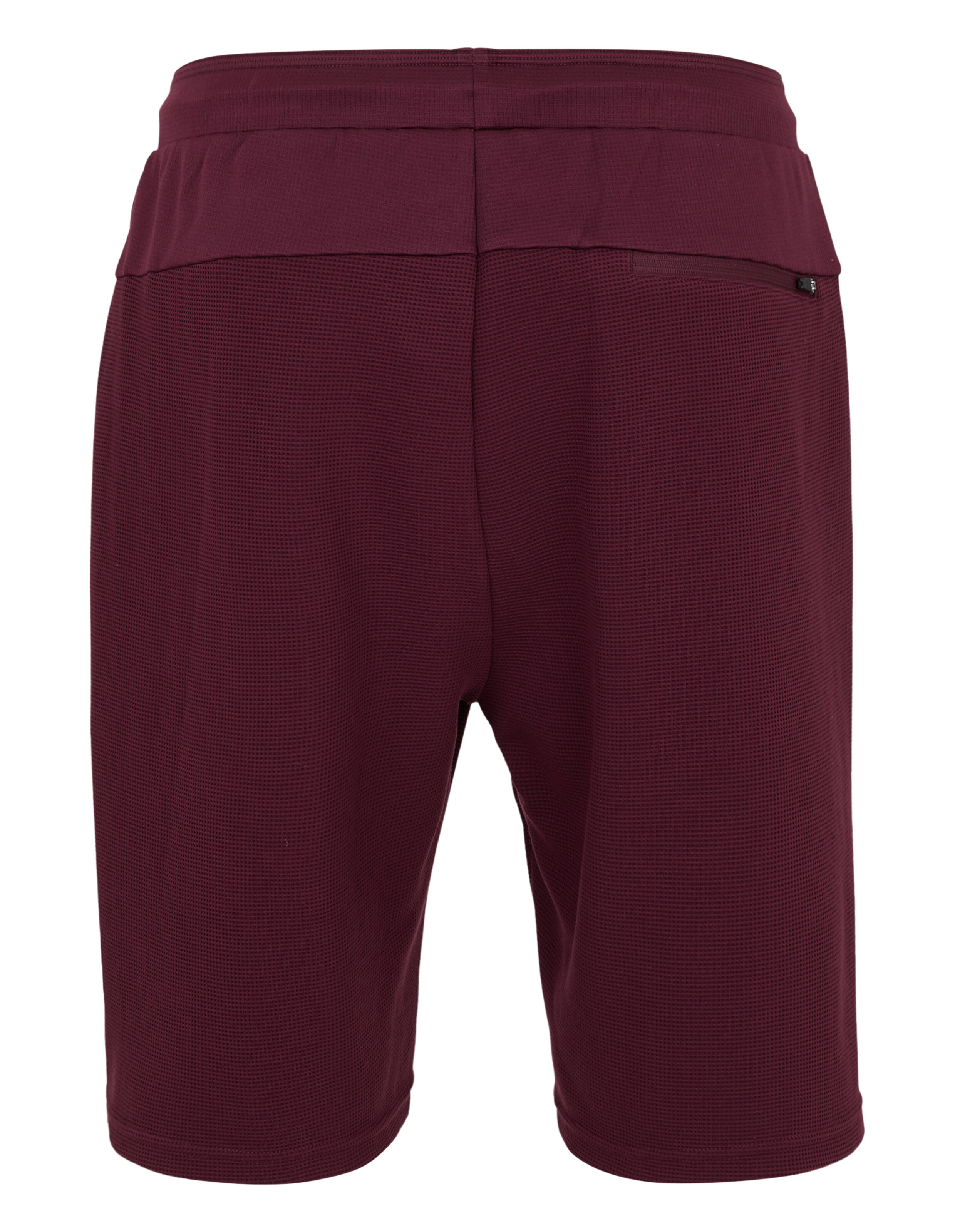 Dunkelrote Shorts mit Waffelmuster und einer Reißverschlusstasche am Bund.