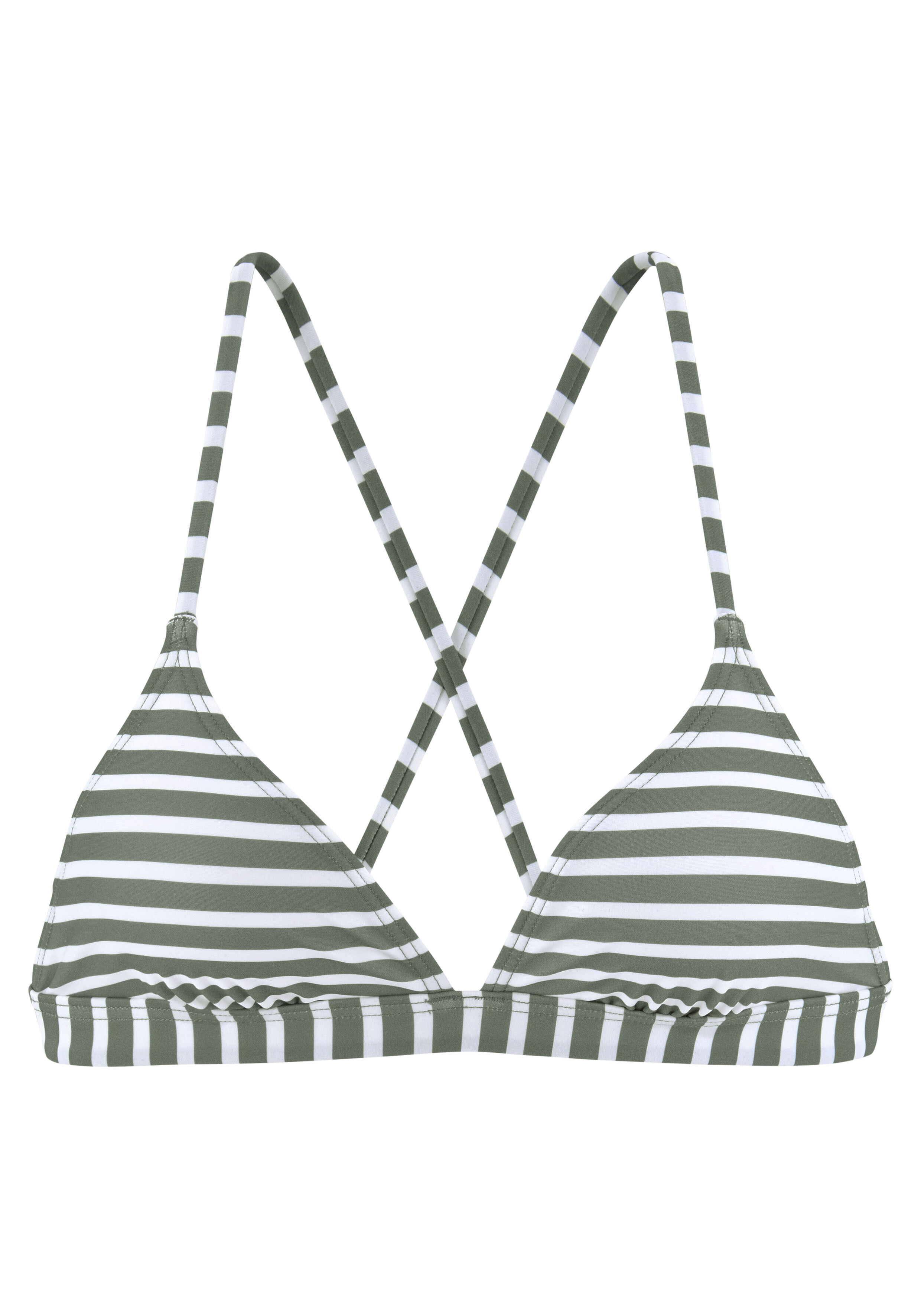 Olivgrün-weiß gestreiftes Bikinioberteil mit überkreuzten Trägern für lässige Strandkleidung.