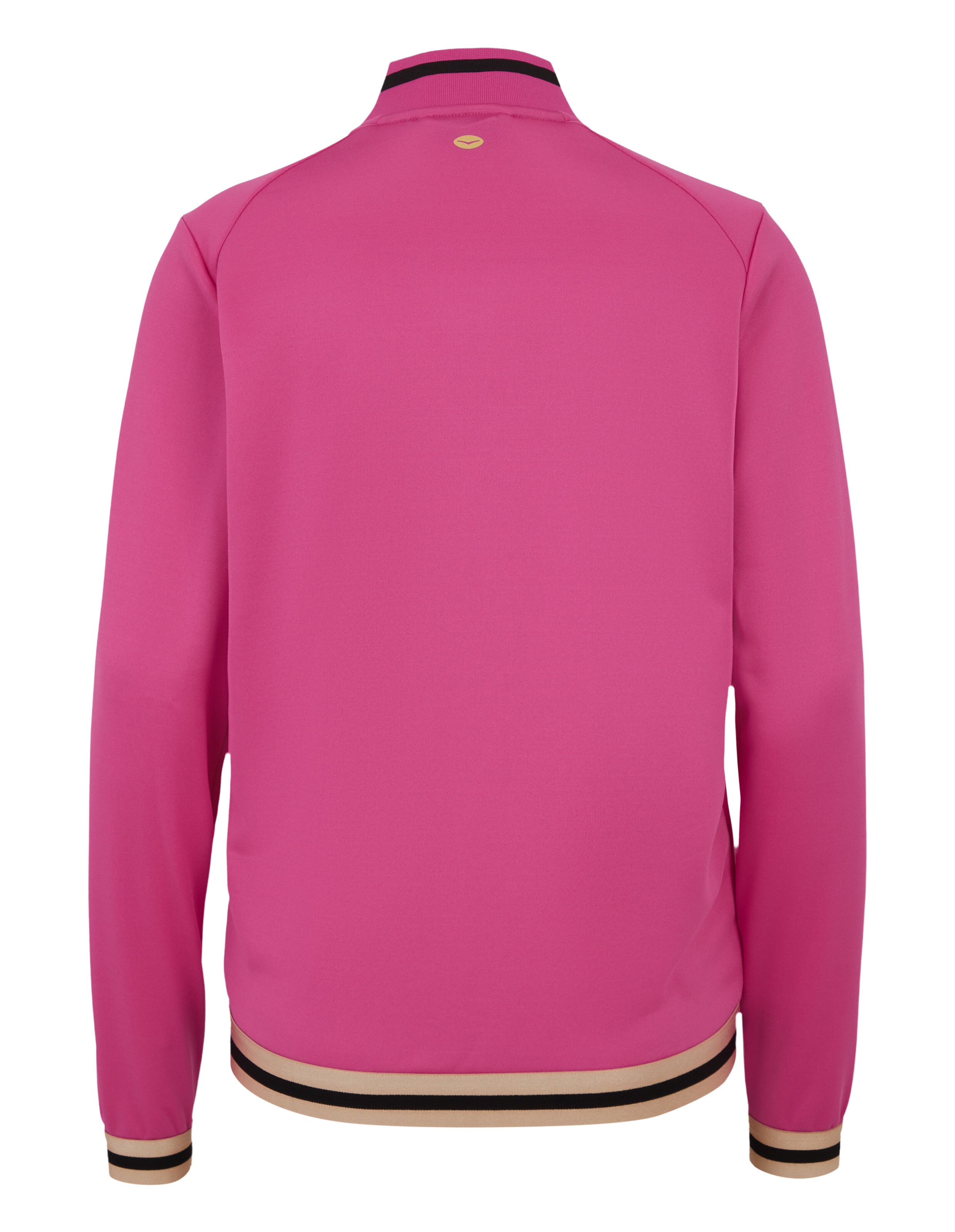 Rückansicht einer rosa Freizeitjacke mit gestreiften Manschetten und Kragen.