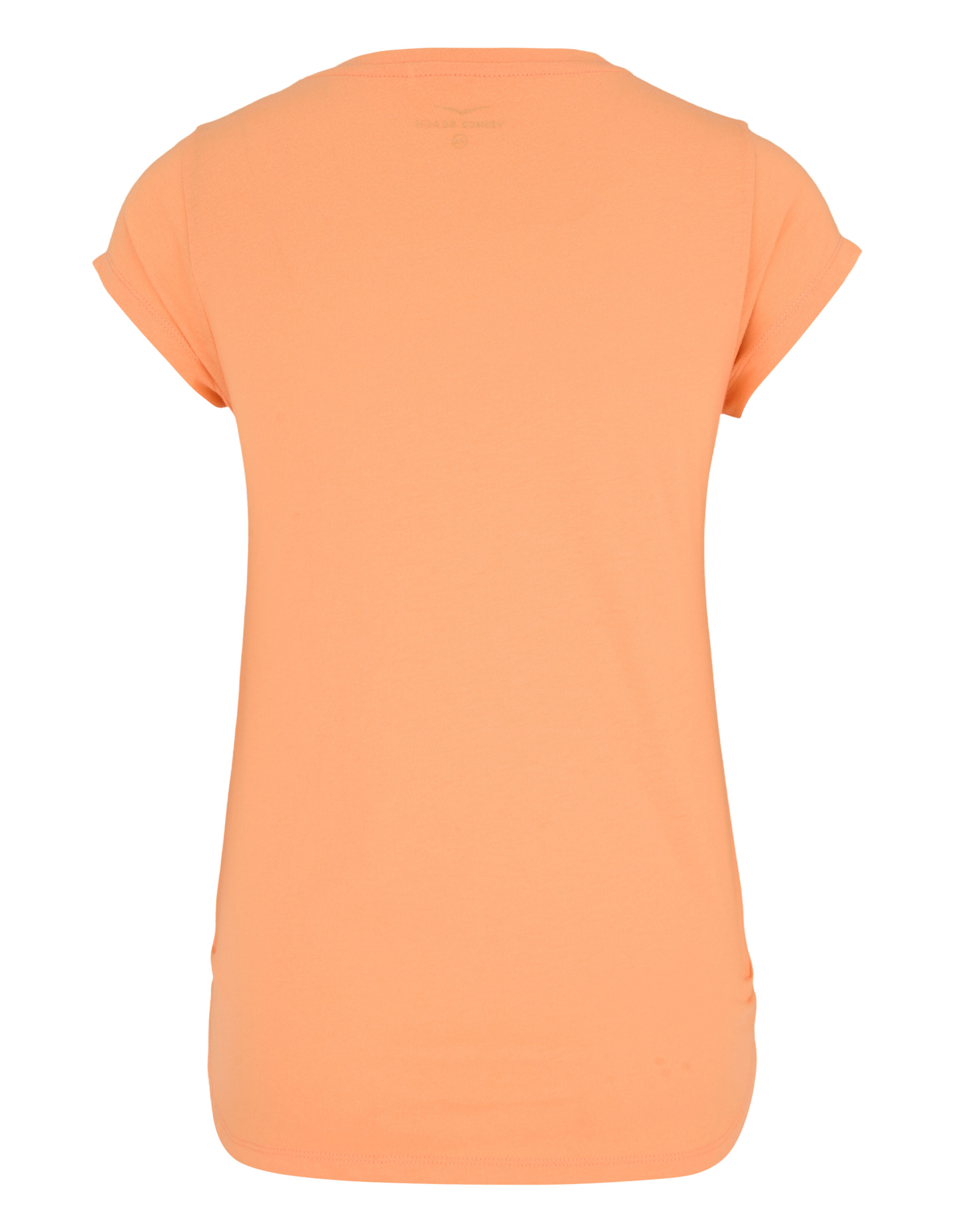 Rückansicht eines schlichten, pfirsichfarbenen Freizeit-T-Shirts mit kurzen Ärmeln.