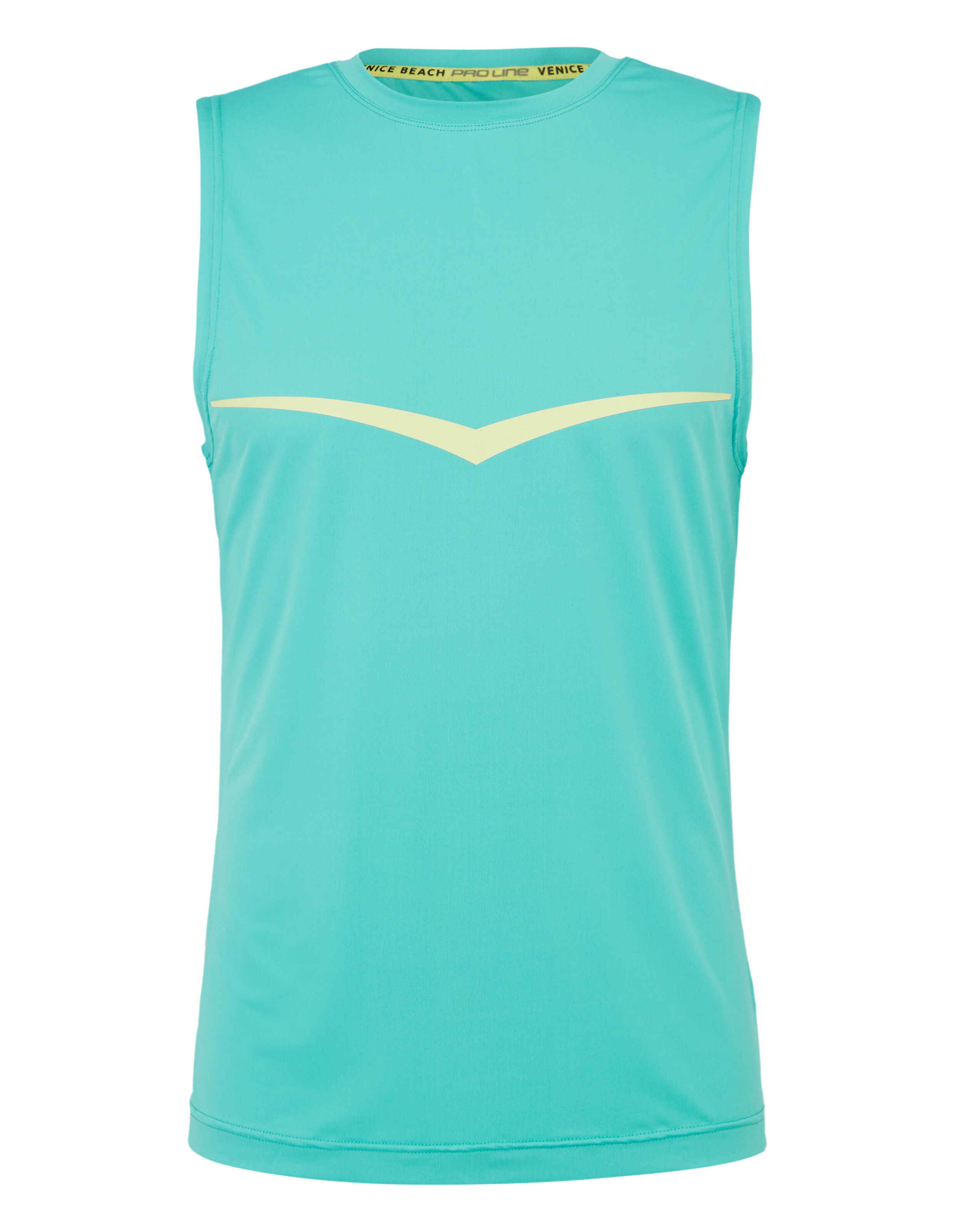 Türkisfarbenes, ärmelloses Sport-Tanktop mit hellgelber Chevron-Grafik.