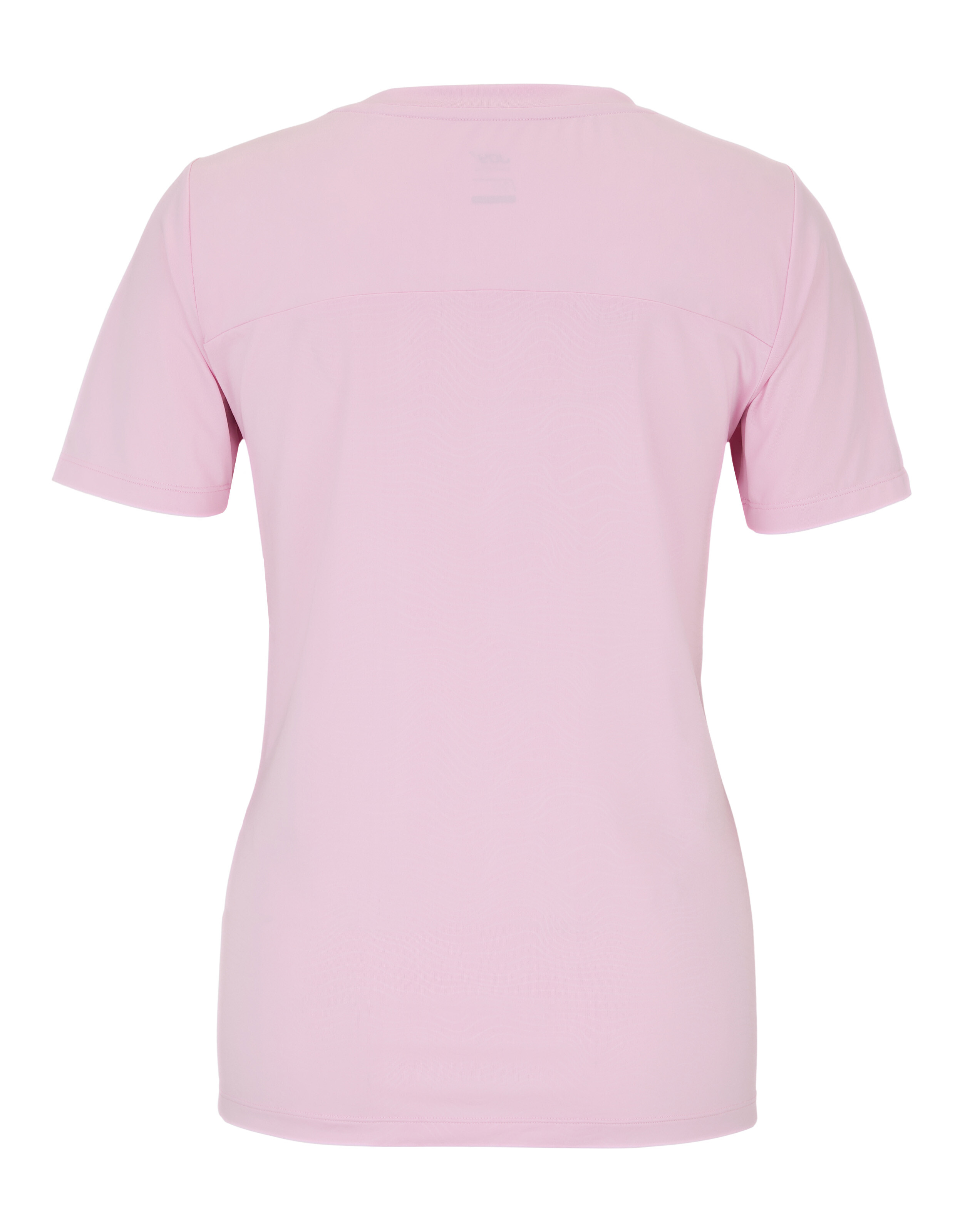 Eine hellrosa, kurzärmelige Rundhals-T-Shirt-Rückenansicht mit feinen Wellenmusterungen.