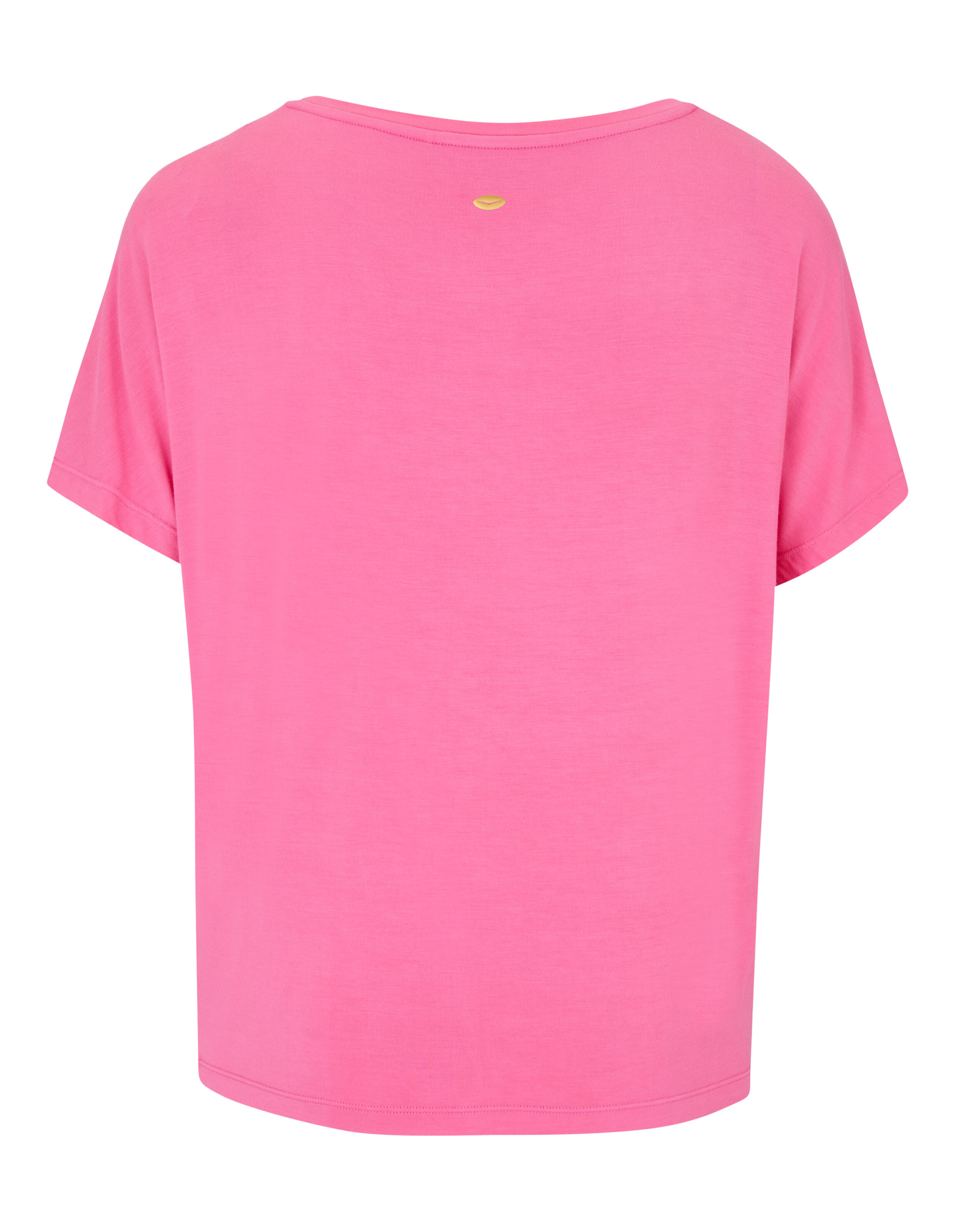 Rückansicht eines locker sitzenden rosa T-Shirts, perfekt für Freizeitkleidung.