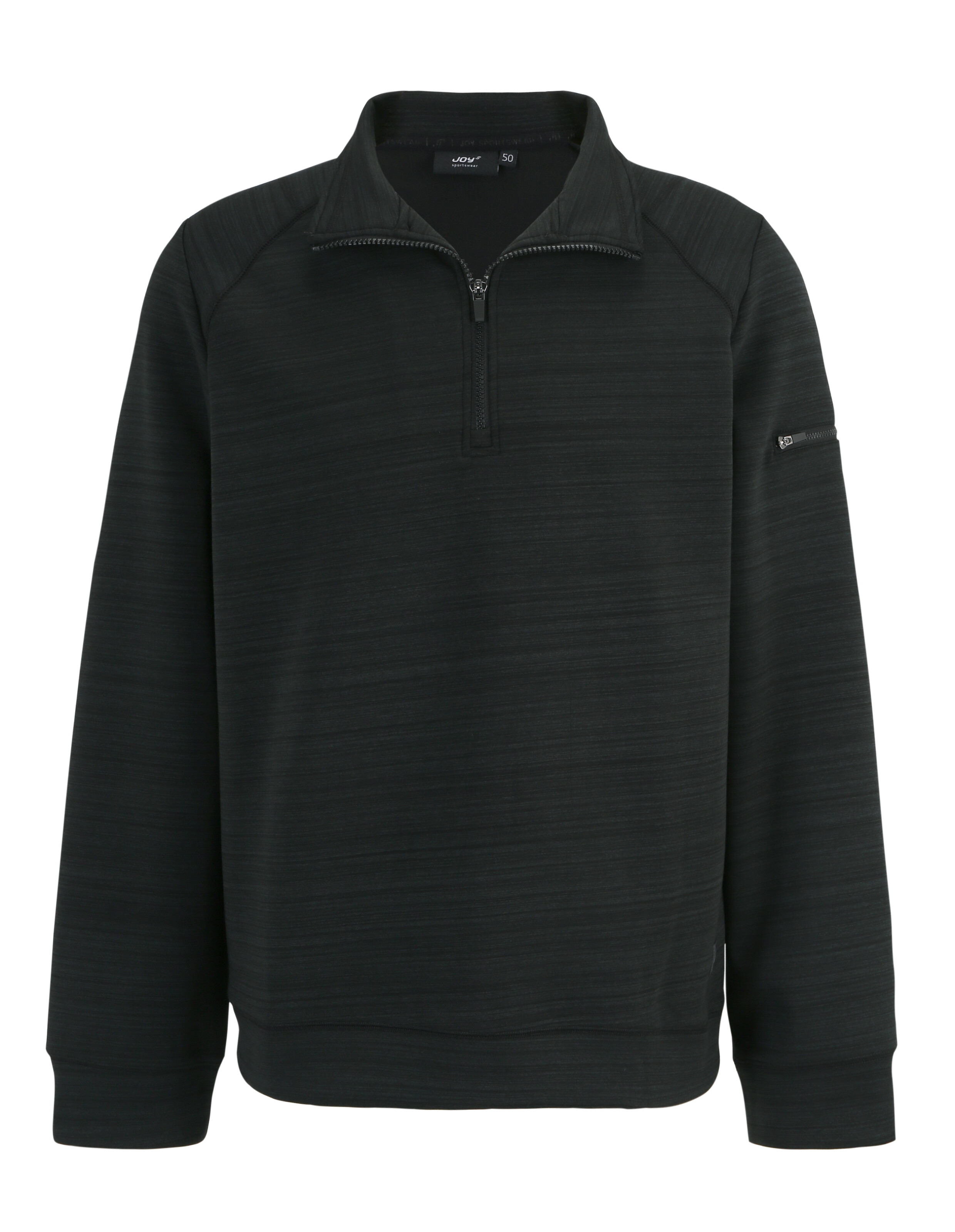 Schwarzer Herrenpullover mit Viertelreißverschluss, strukturiertem Stoff und Seitentasche.