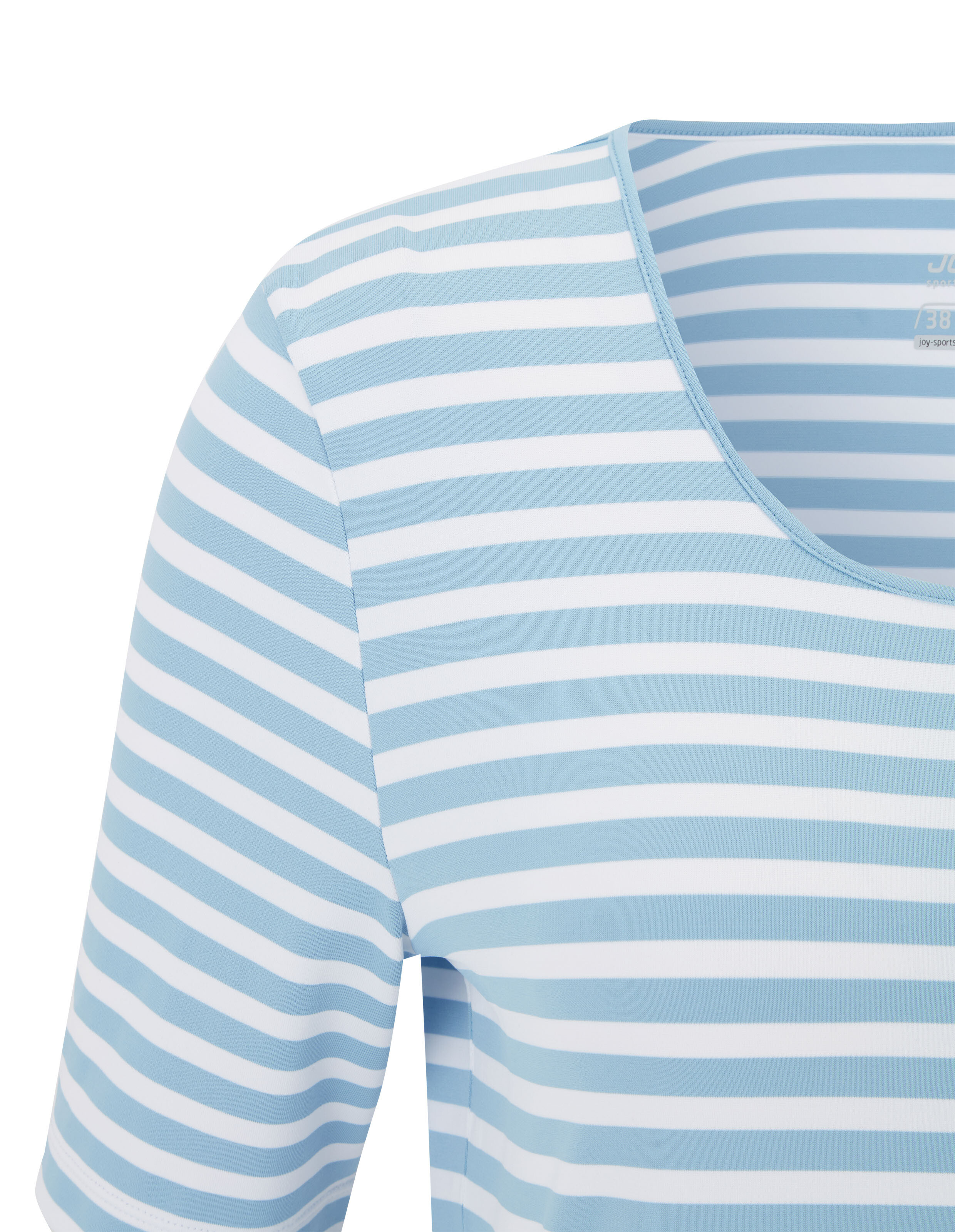 Hellblau-weiß gestreiftes T-Shirt mit Rundhalsausschnitt und kurzem Ärmel, fokussiert auf die obere Hälfte des Kleidungsstücks.