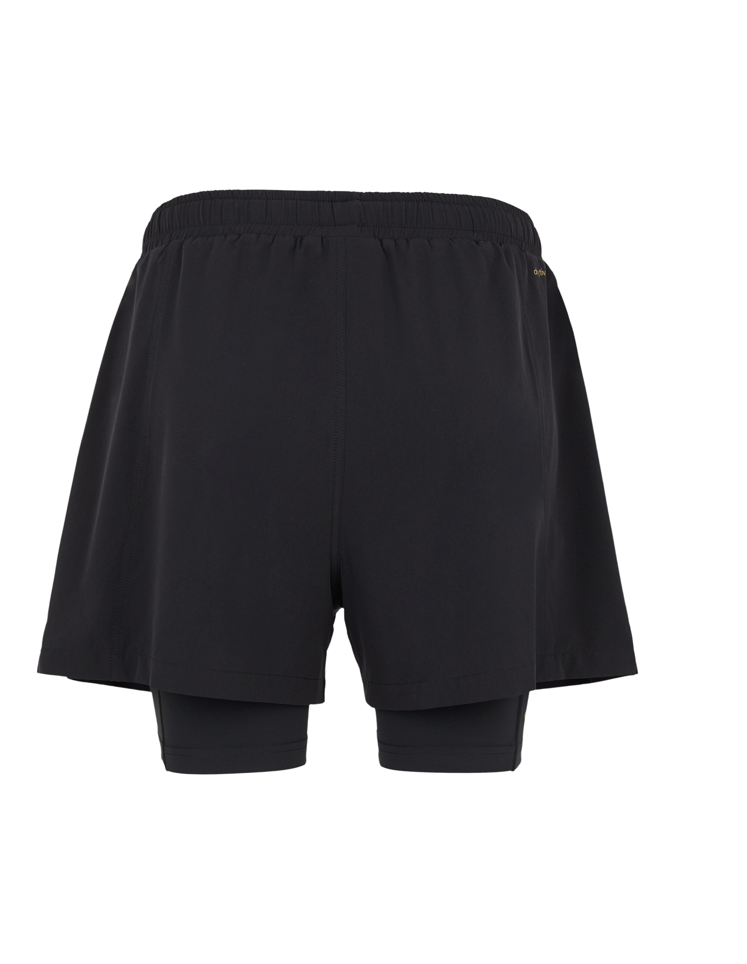 Rückansicht einer schwarzen, mehrlagigen Sportshorts mit elastischem Bund für Freizeitkleidung.